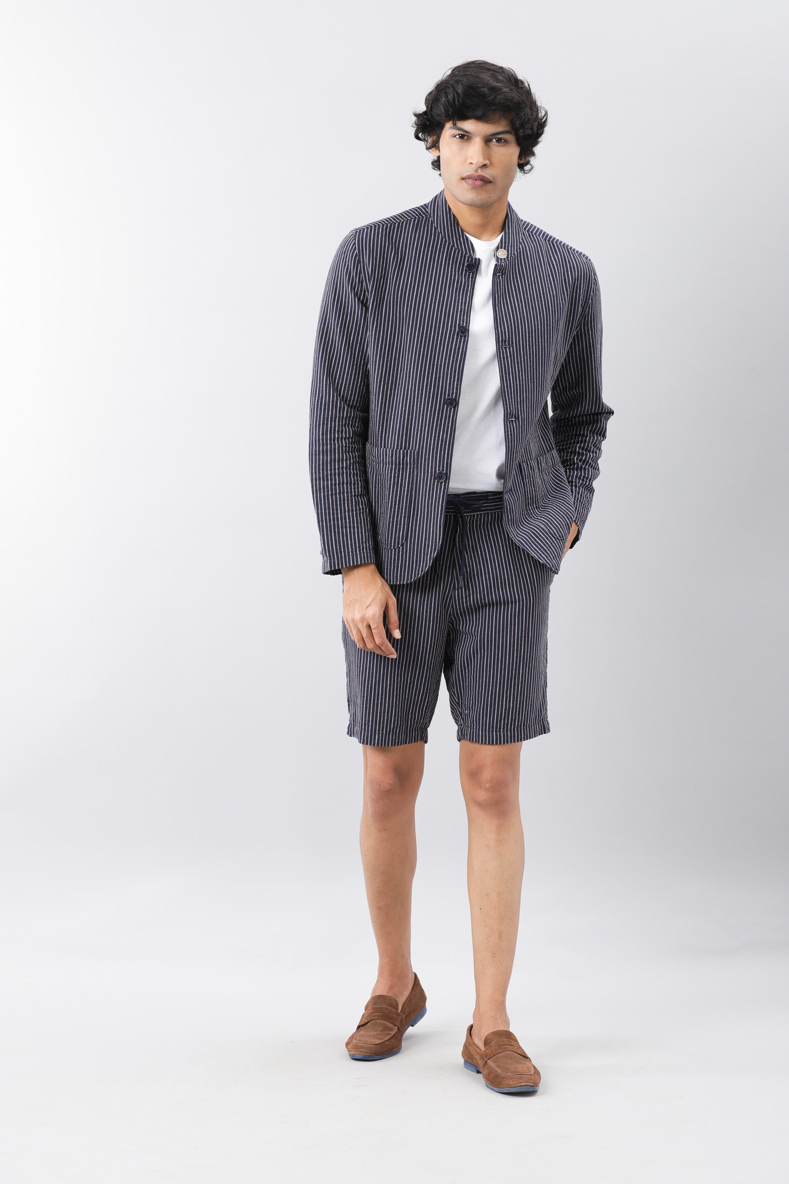 Rare Rabbit Men's Gazel Navy Viscose Polyester Fabric Mandarin Collar Slim Fit Stripe Blazer