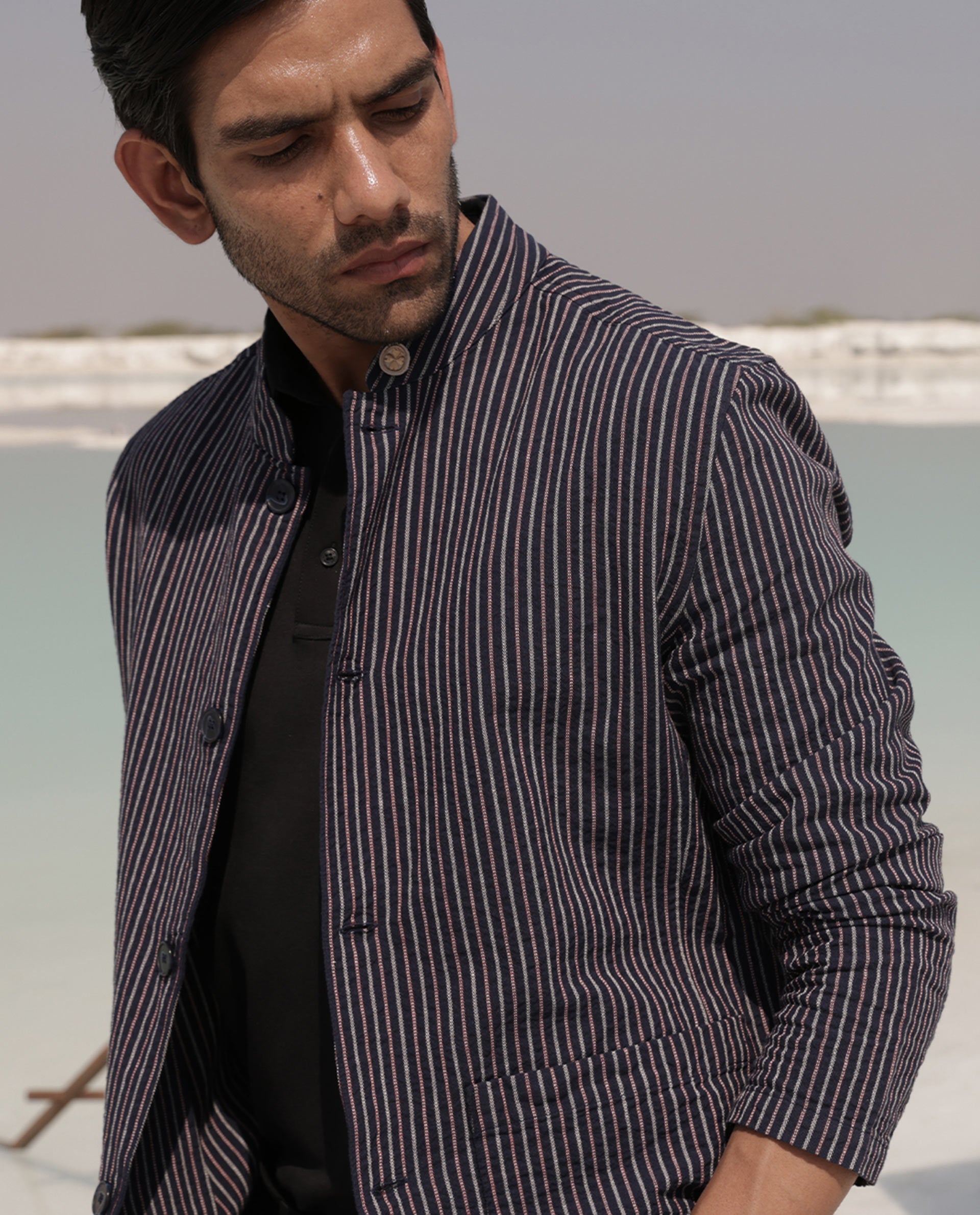 Rare Rabbit Men's Gazel Navy Viscose Polyester Fabric Mandarin Collar Slim Fit Stripe Blazer