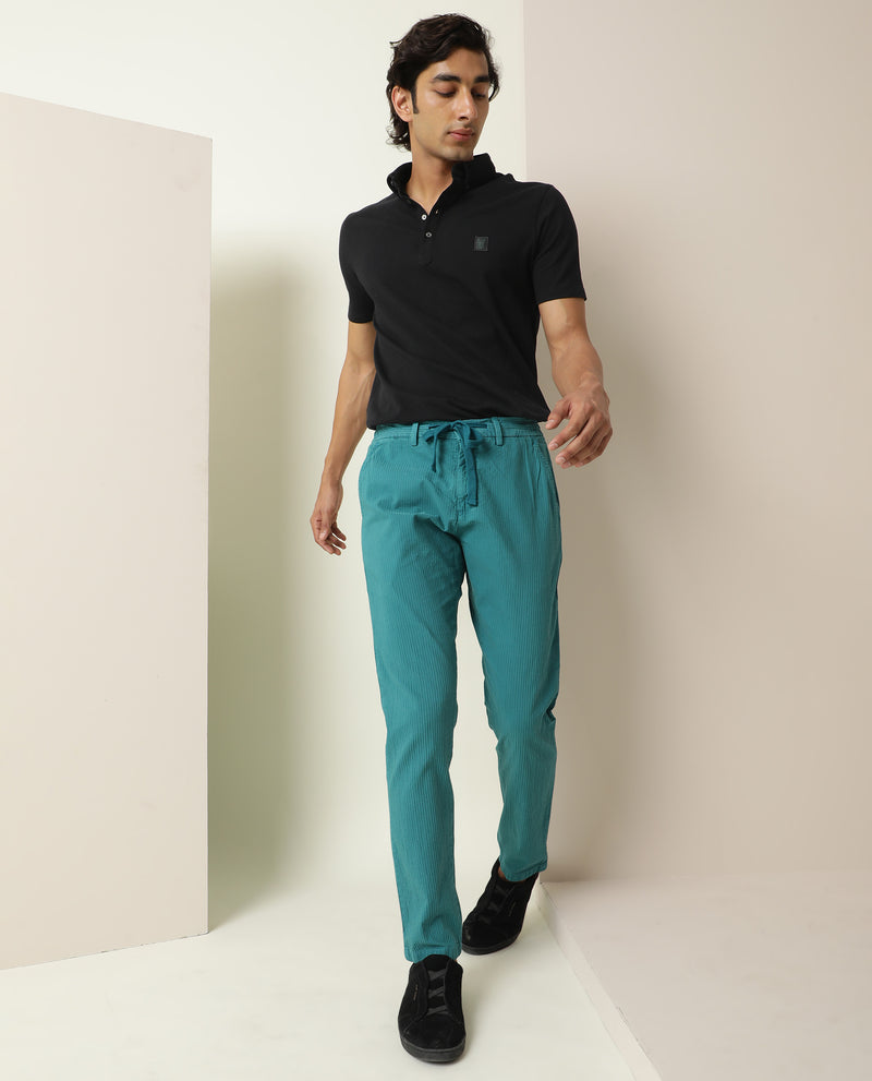 Rare Rabbit Men's Monter Green Stripe Dobby Mid-Rise With Drawstring A