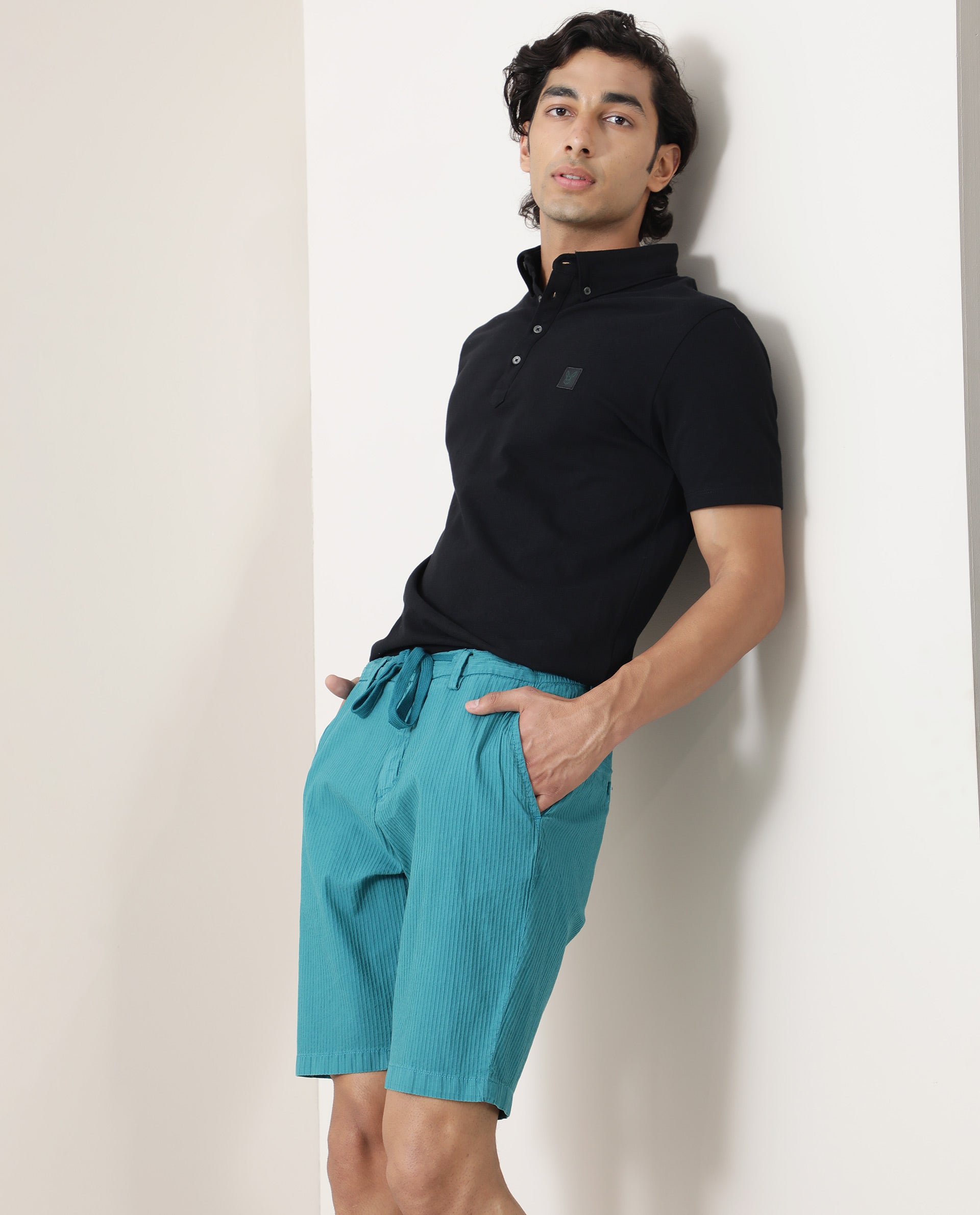 Rare Rabbit Men'S Monty Green Shorts Cotton Fabric Drawstring Mid Rise