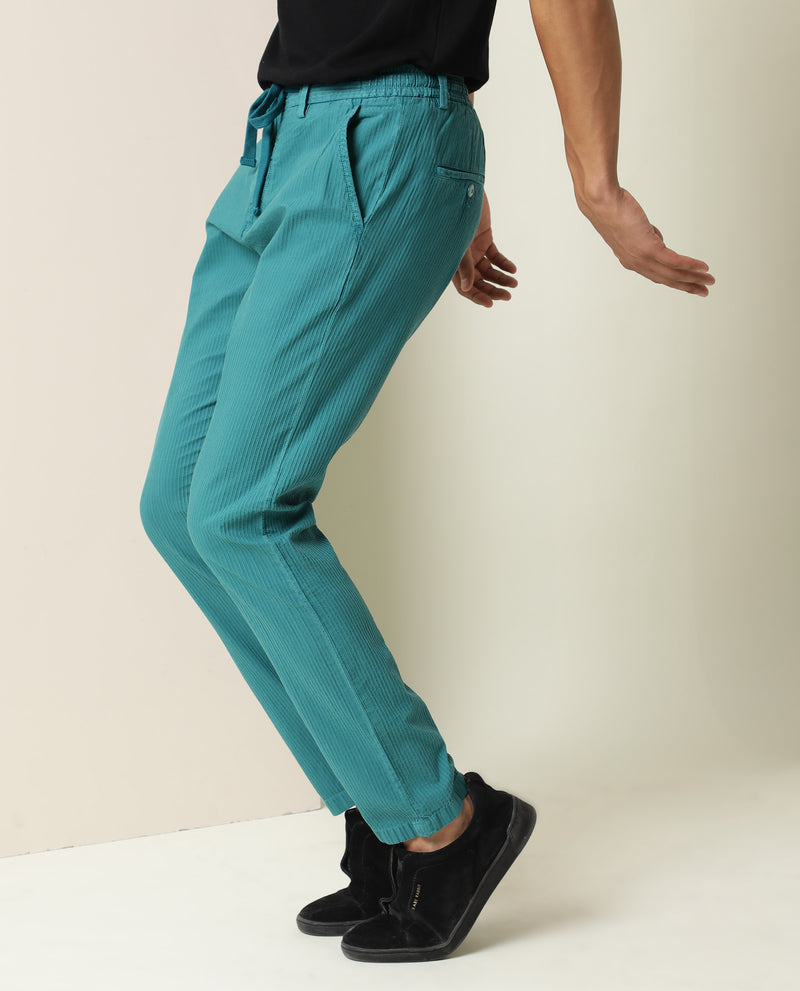 Rare Rabbit Men's Monter Green Stripe Dobby Mid-Rise With Drawstring A