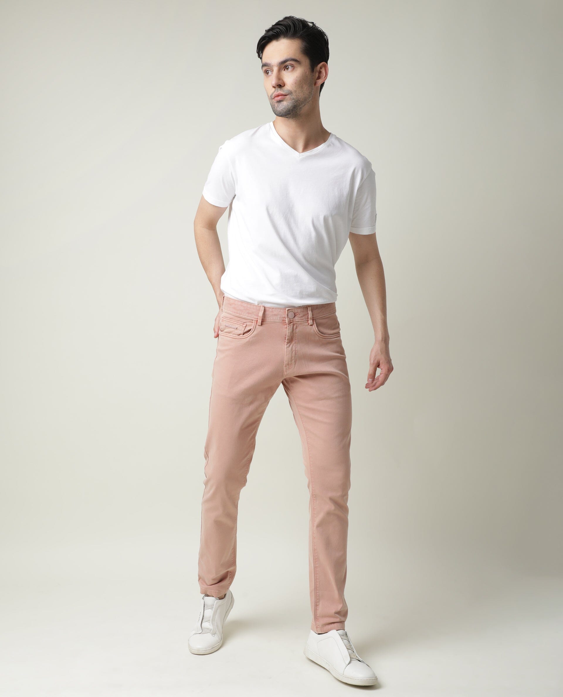 RARE RABBIT FIV5 PRIMARY PINK TROUSER COTTON ELASTANE FABRIC SLIM FIT BUTTON & ZIP CLOSURE