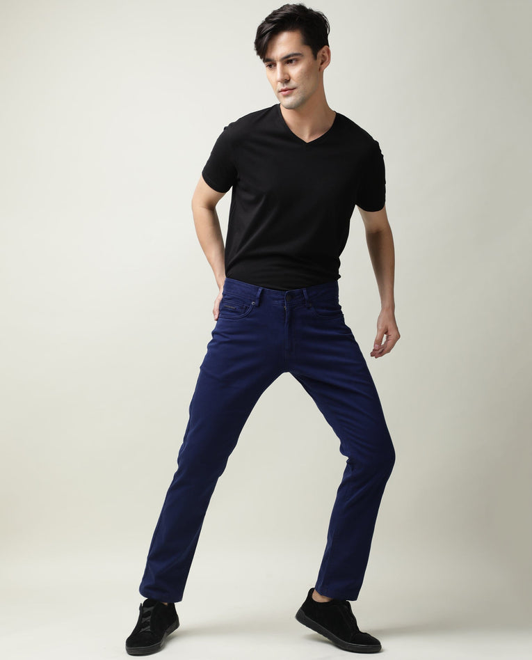 Rare Rabbit Men's Fiv5 Blue Solid Mid-Rise Slim Fit Trouser