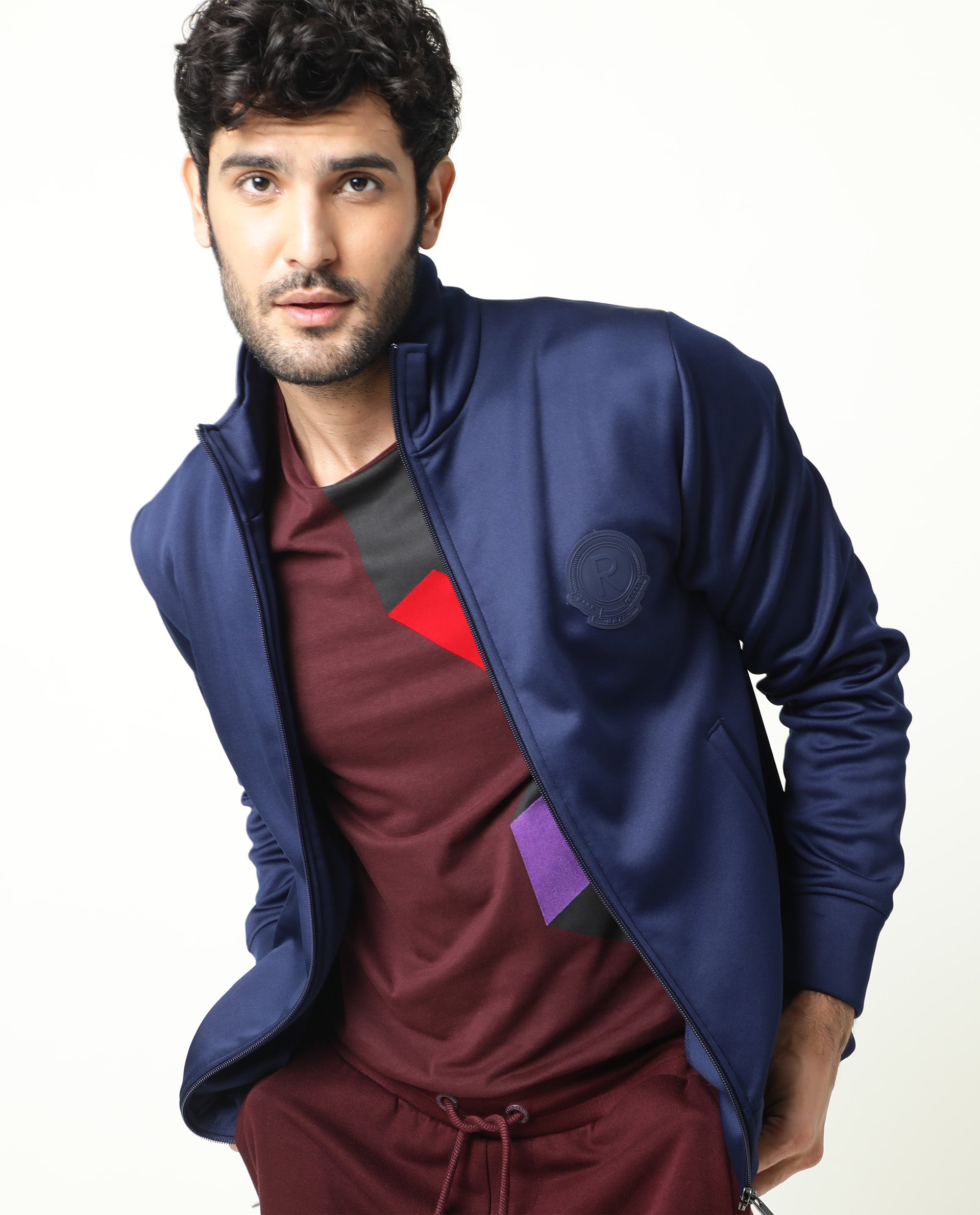 Rare Rabbit Men's Bond Dark Blue High Neck Chest Branded Jacket