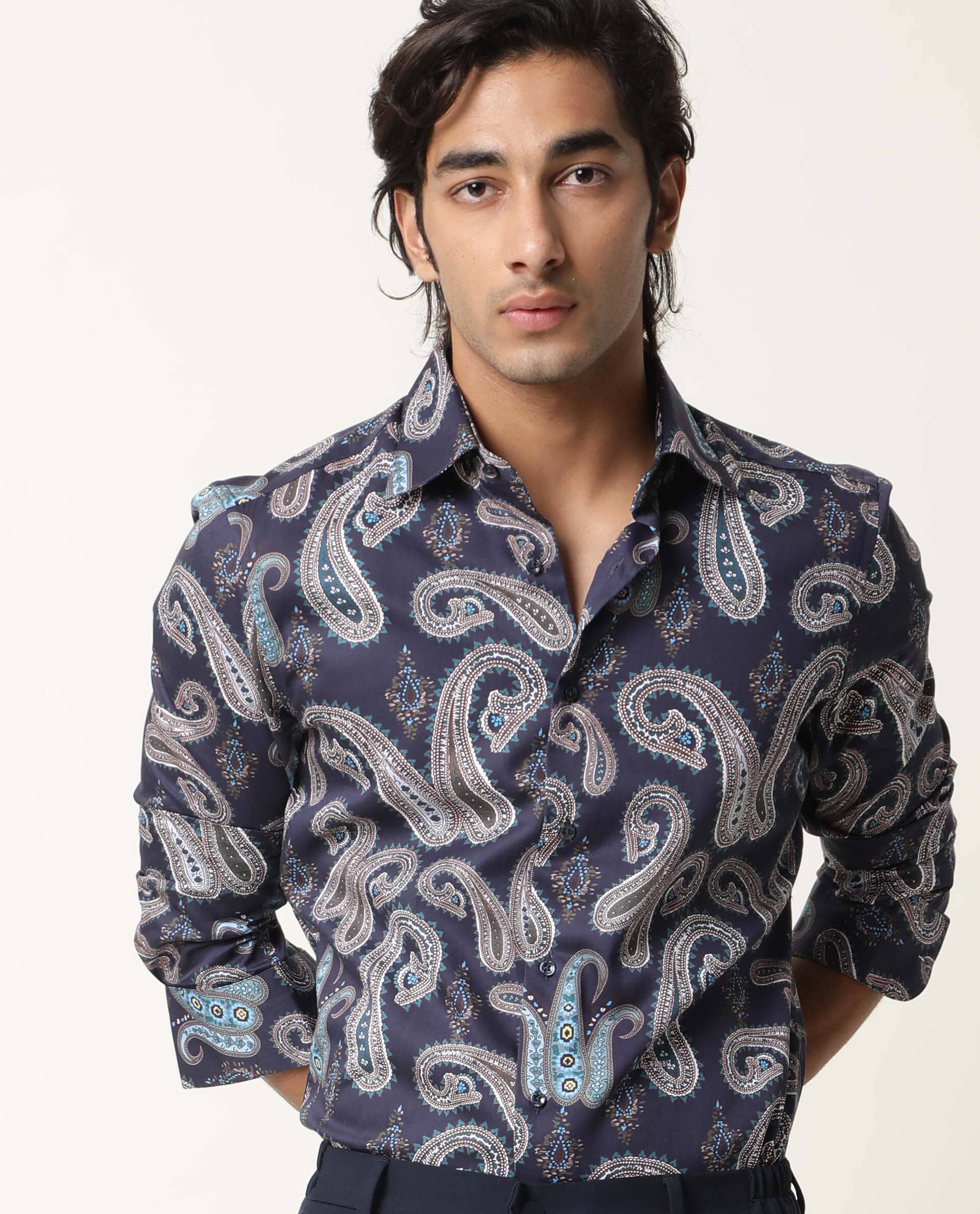 RARE RABBIT MEN'S PAZZO NAVY SHIRT COTTON FABRIC COLLARED NECK FULL SLEEVES BUTTON CLOSURE SLIM FIT