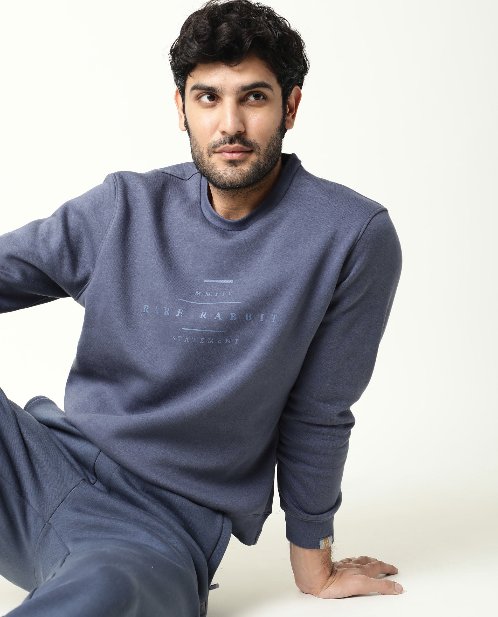 Rare Rabbit Men's Pearlz Blue Cotton Graphic Print Relaxed Fit Full Sleeve Crew Neck Sweatshirt