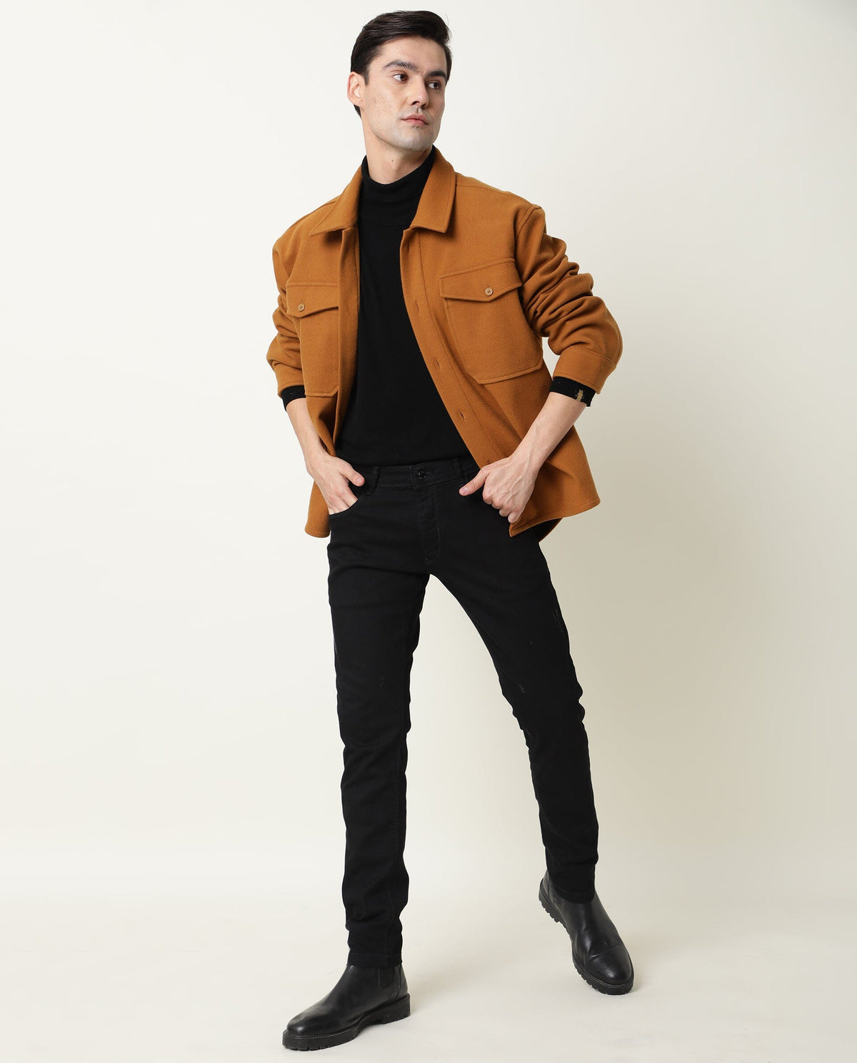 RARE RABBIT MEN'S SHACK TAN JACKET POLYESTER FABRIC COLLARED NECK FULL SLEEVES BUTTON CLOSURE SLIM FIT
