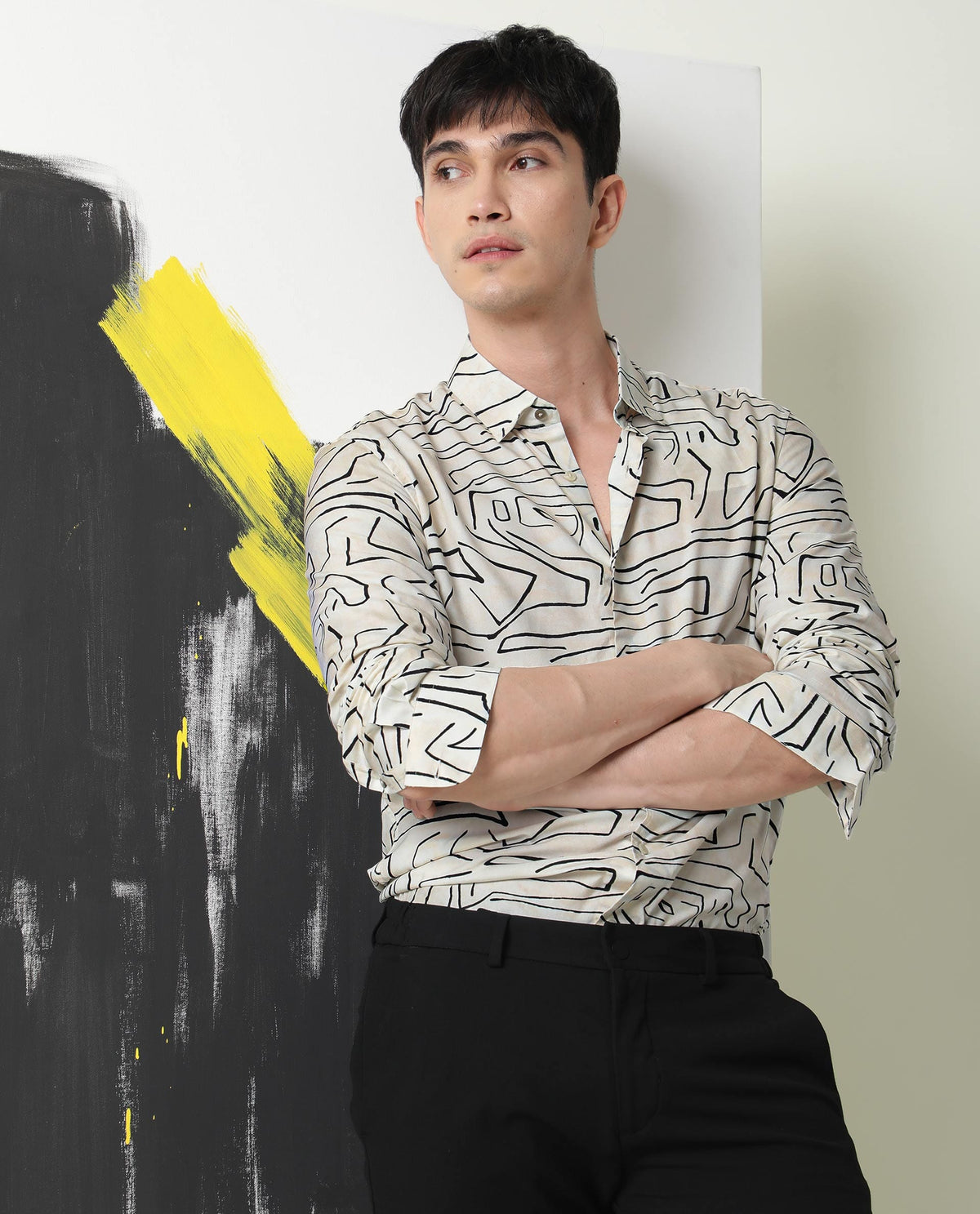 RARE RABBIT MEN'S ZERA OFF WHITE SHIRT VISCOSE FABRIC COLLARED NECK FULL SLEEVES BUTTON CLOSURE