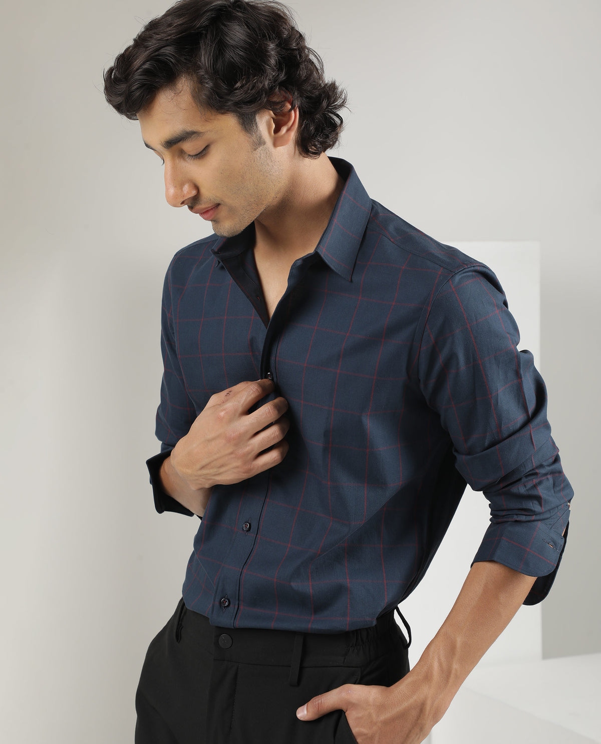 Rare Rabbit Men's Ziska Navy Cotton Fabric Full Sleeves Twill Checks Shirt