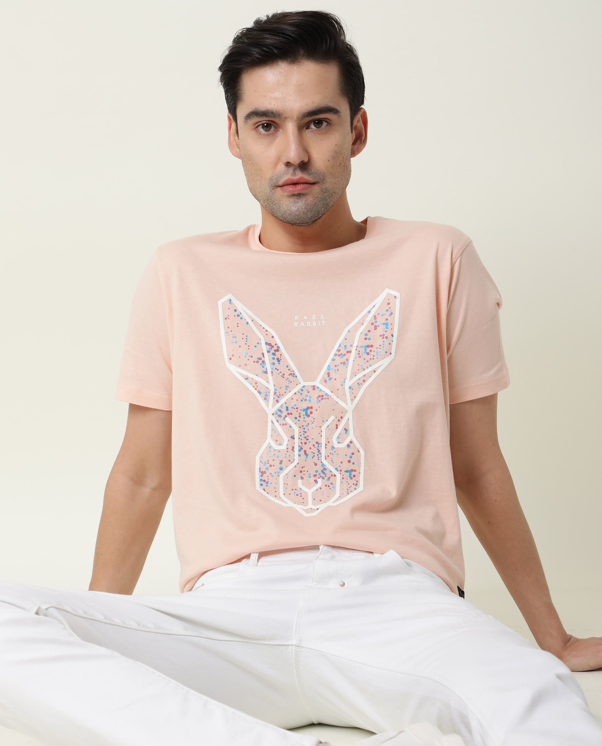 RARE RABBIT MEN'S MILTON PINK T-SHIRT COTTON FABRIC CREW NECK HALF SLE