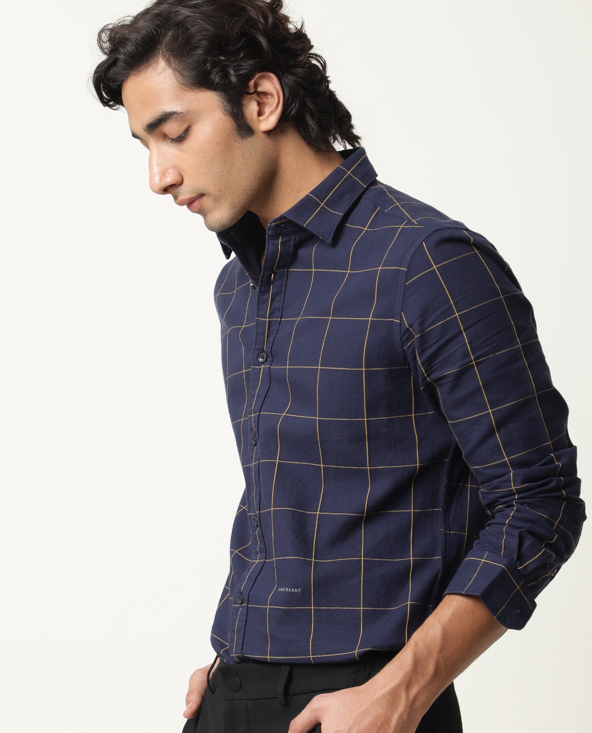 Rare Rabbit Men's Corneto Navy Cotton Fabric Full Sleeves Checks Shirt