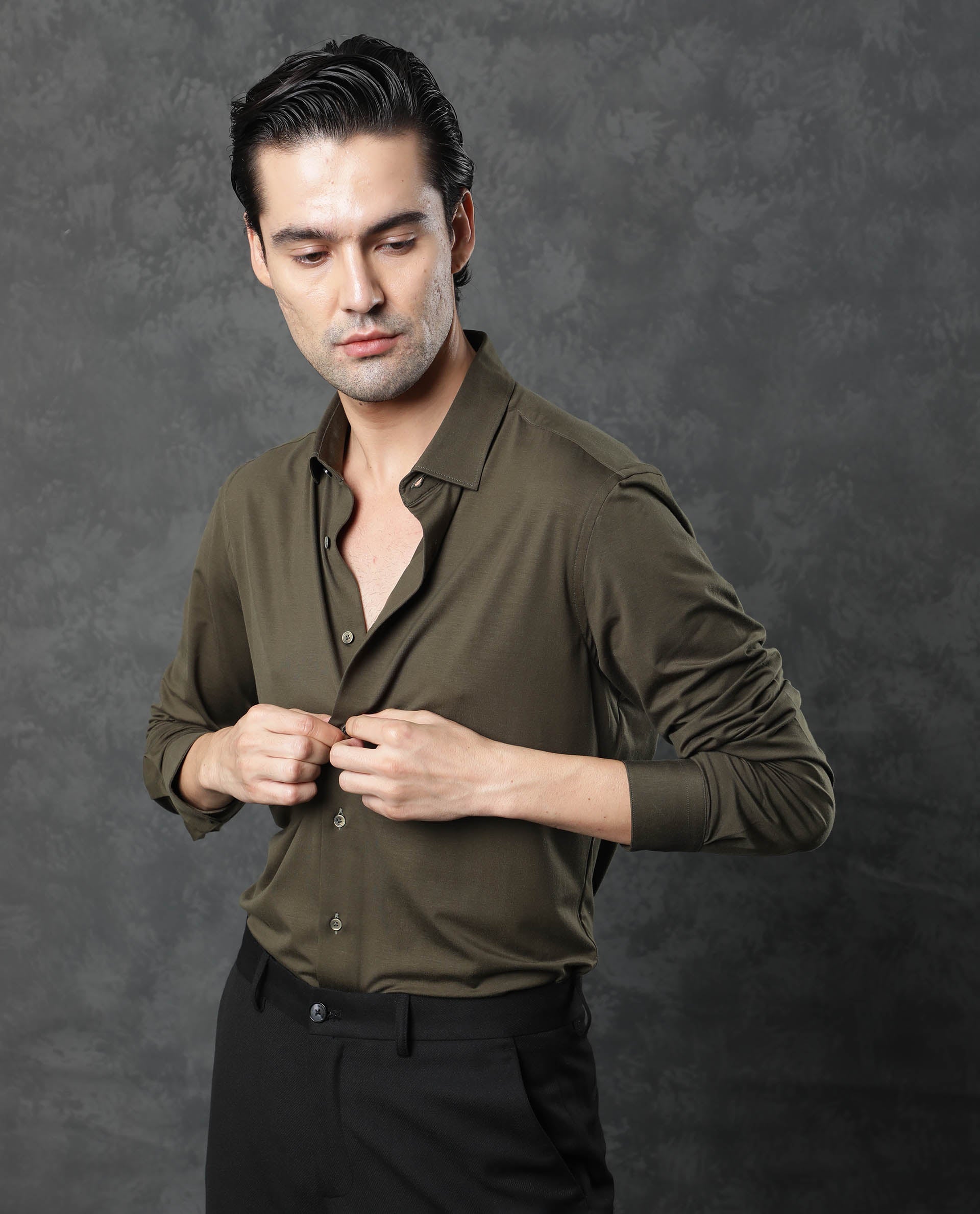 Rare Rabbit Men's Zac Olive Rayon Fabric Full Sleeves Solid Shirt