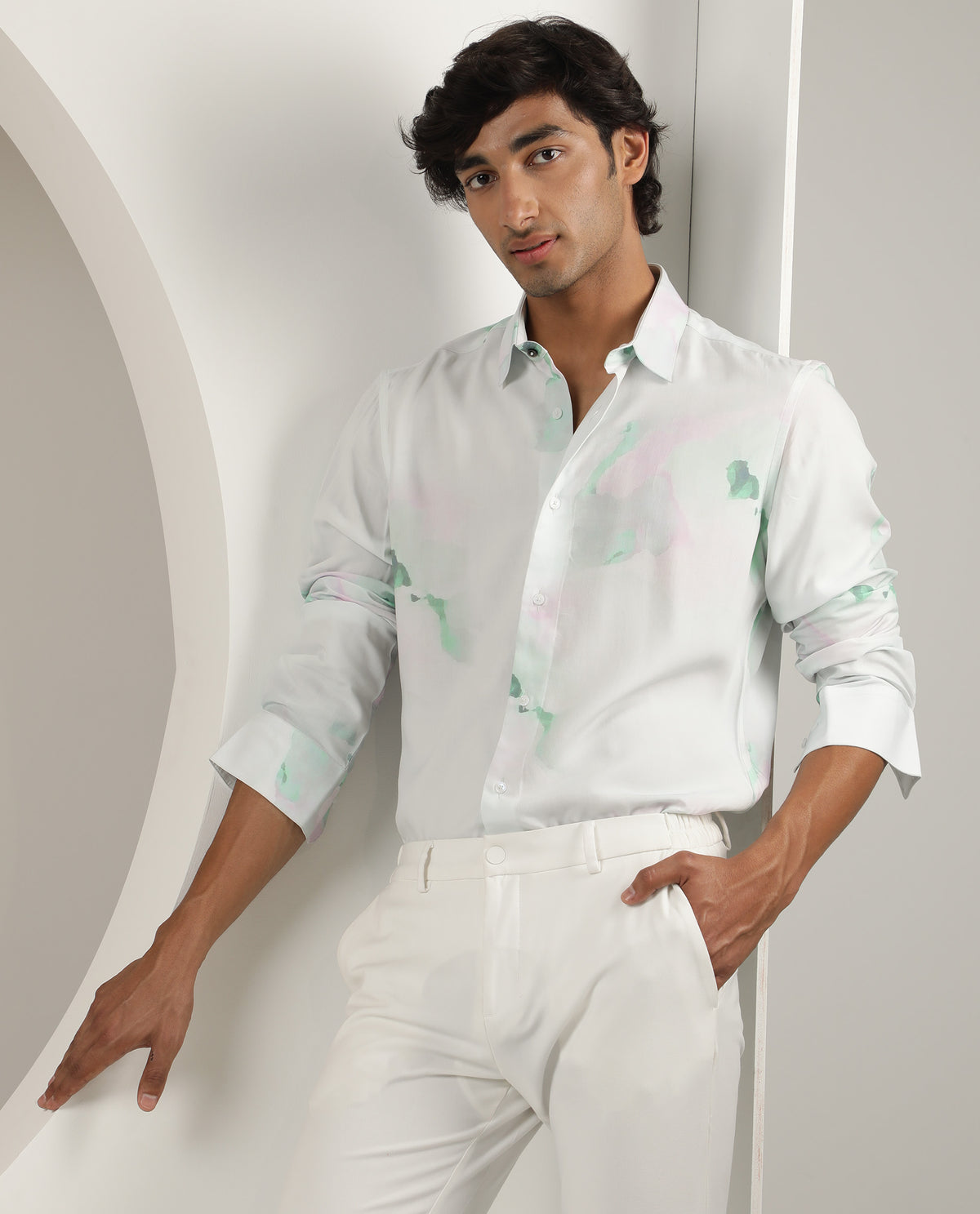 Rare Rabbit Men's Silium Pastel Green Viscose Fabric Abstract Print Full Sleeves Shirt