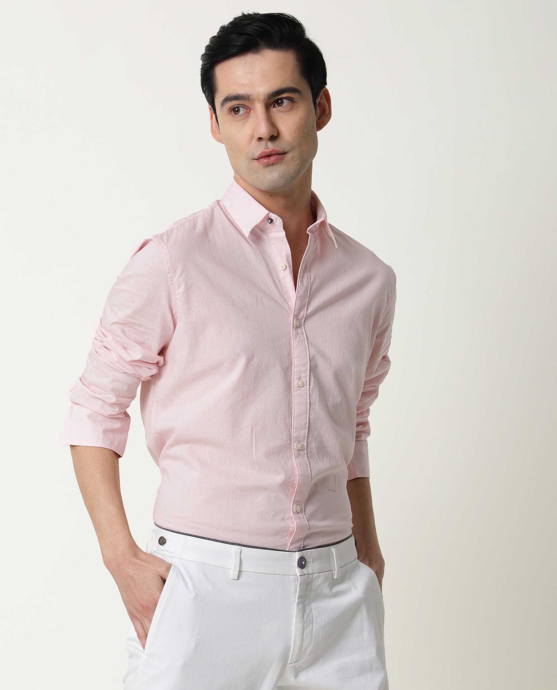 Rare Rabbit Men's Fullslee Pink Cotton Fabric Full Sleeves Solid Shirt