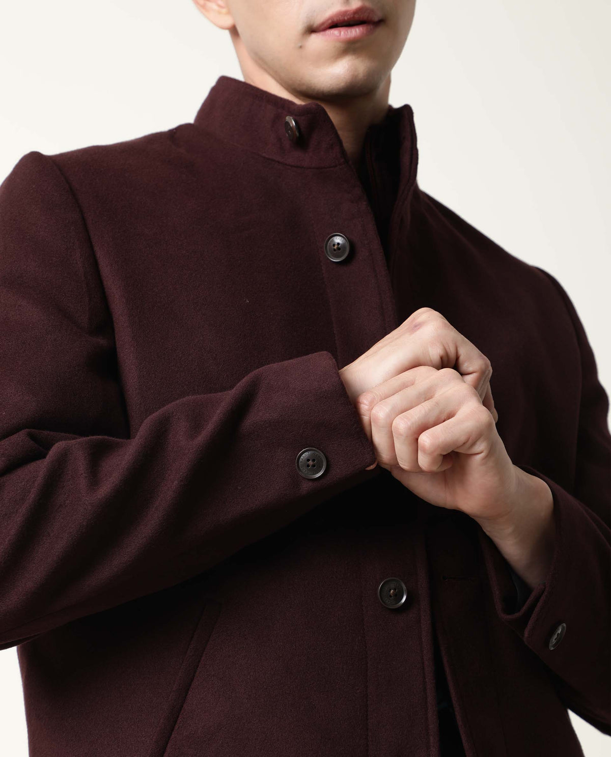 RARE RABBIT BRUSH PRIMARY MAROON JACKET POLYESTER FABRIC FULL SLEEVE STAND COLLAR SLIM FIT