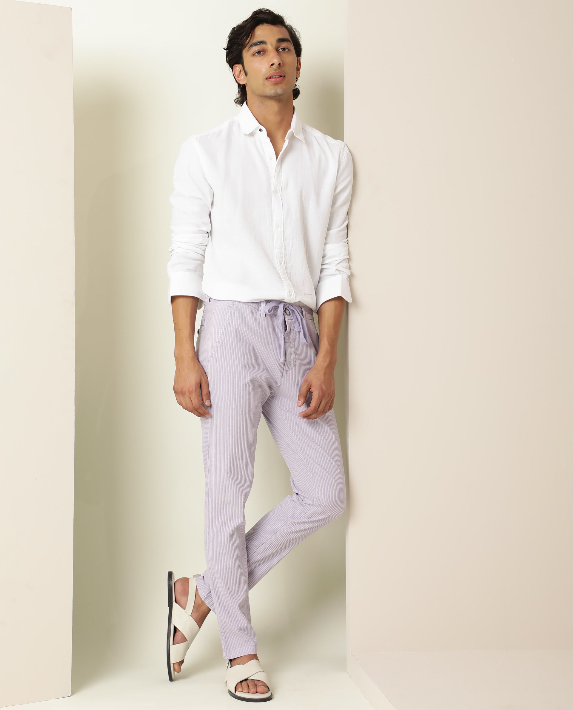 Rare Rabbit Men's Monter Pastel Purple Stripe Dobby Mid-Rise With Drawstring And Elastic Waistband Regular Fit Trouser