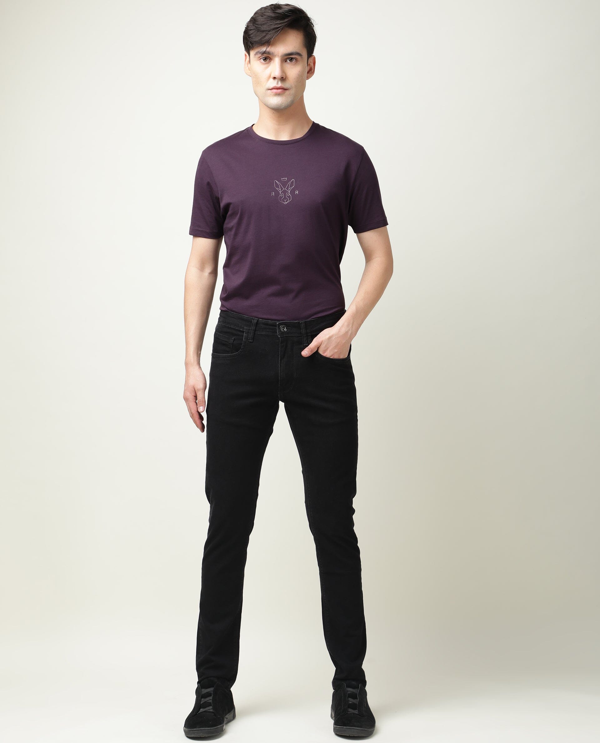 Rare Rabbit Men's Double Black 2 Black Rinse Wash Mid-Rise Slim Fit Jeans