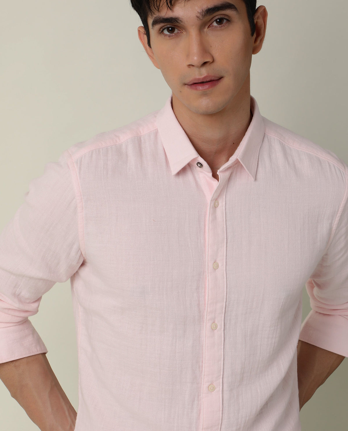 Rare Rabbit Men's Layers Light Pink Cotton Double Layer Seer Sucker Fabric Full Sleeves Solid Shirt