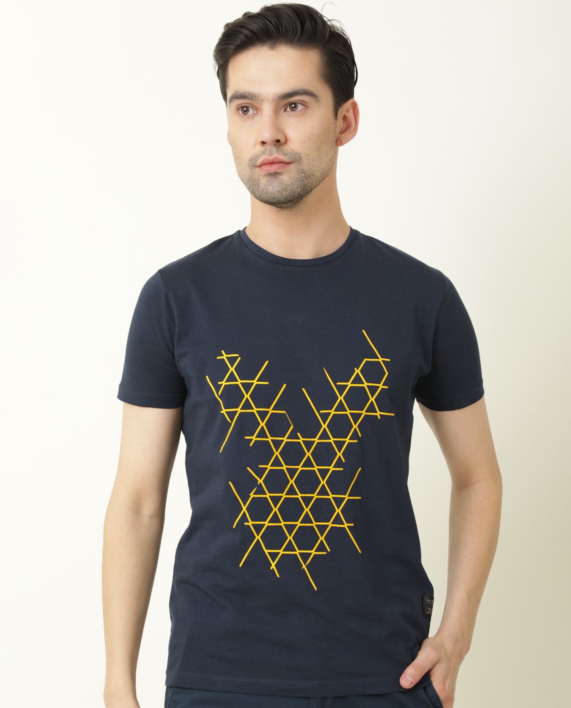 Rare Rabbit Men's Hegon Navy Crew Neck HD Printed Half Sleeves Slim Fit T-Shirt