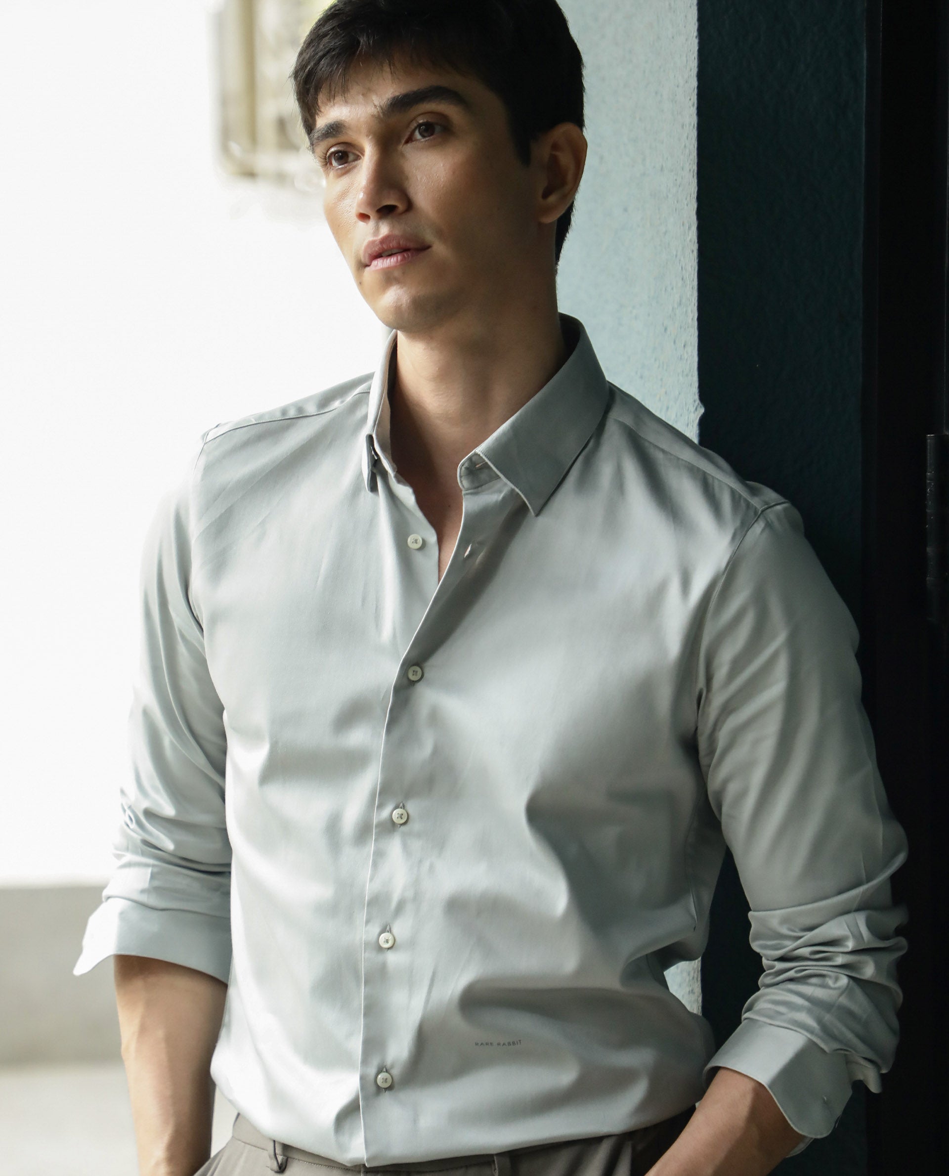 Rare Rabbit Men's Como Grey Satin Fabric Button Down Collar Full Sleeves Solid Formal Shirt