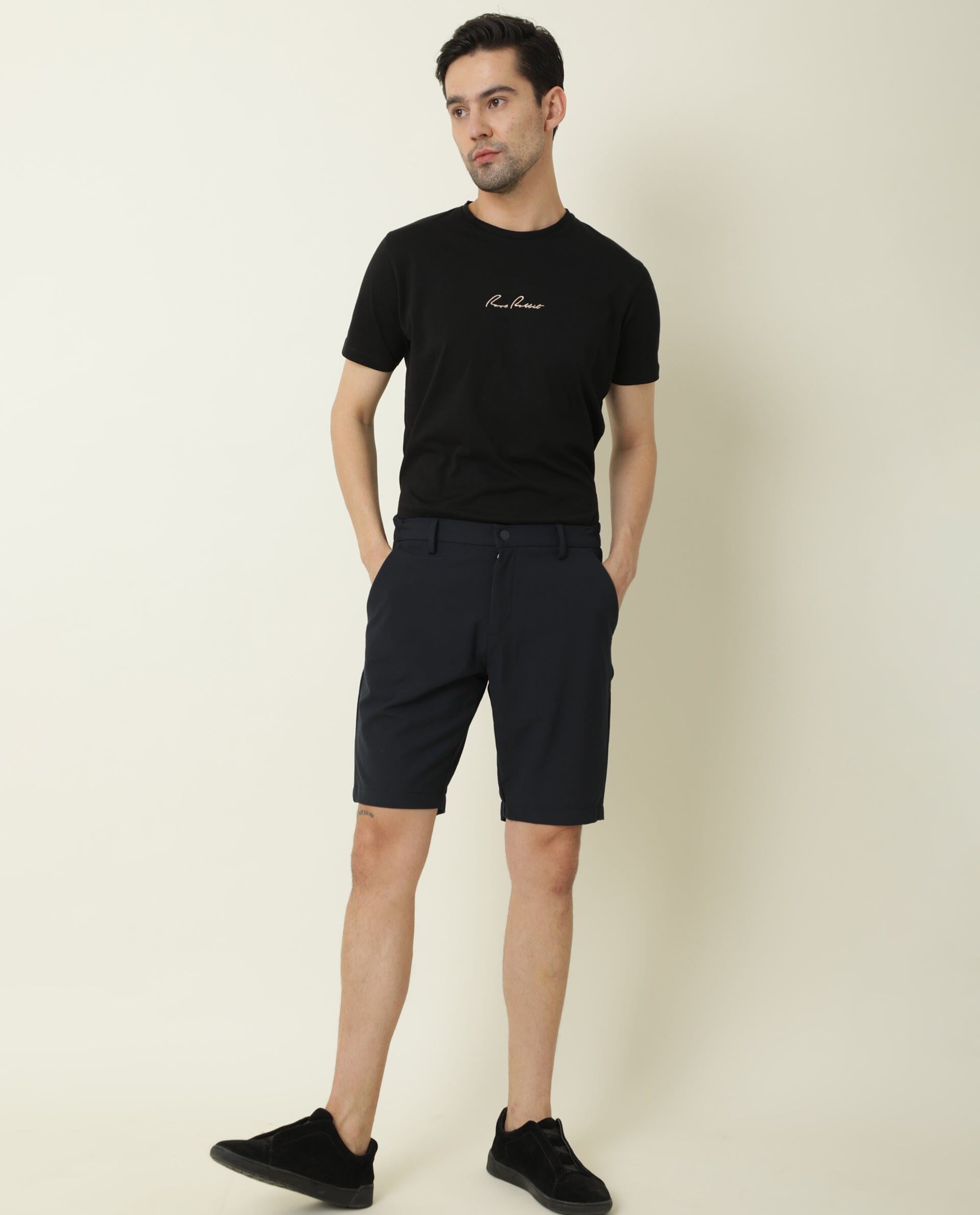 Rare Rabbit Mens Trip Navy Mid Rise Regular Fit Solid Shorts