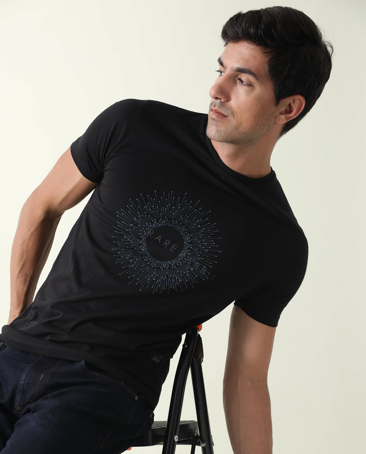 RARE RABBIT MENS KRIS BLACK T-SHIRT COTTON FABRIC SLIM FIT CREW NECK SHORT SLEEVE GRAPHIC PRINT