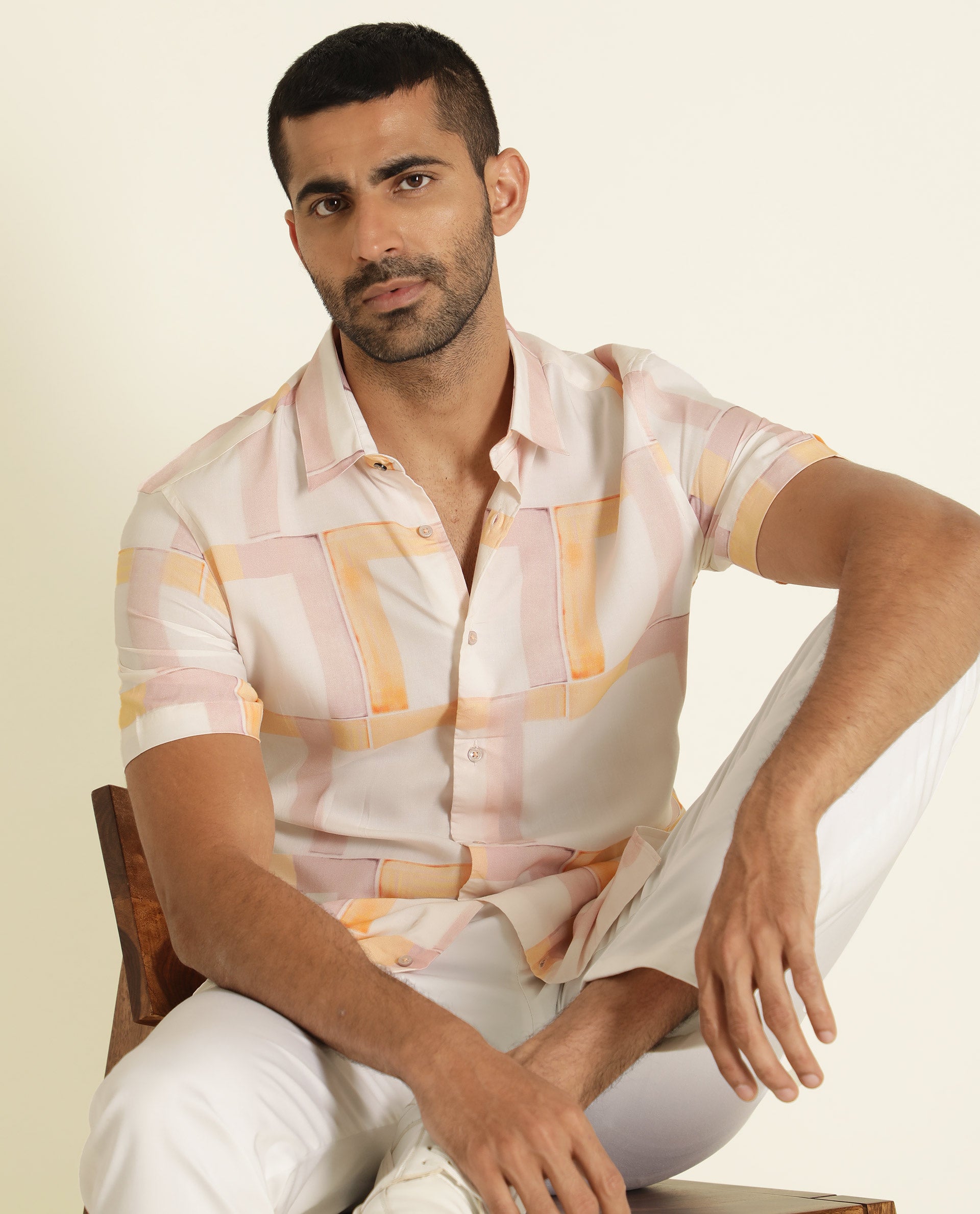 Rare Rabbit Men's Kexby White Viscose Fabric Abstract Print Half Sleeves Shirt