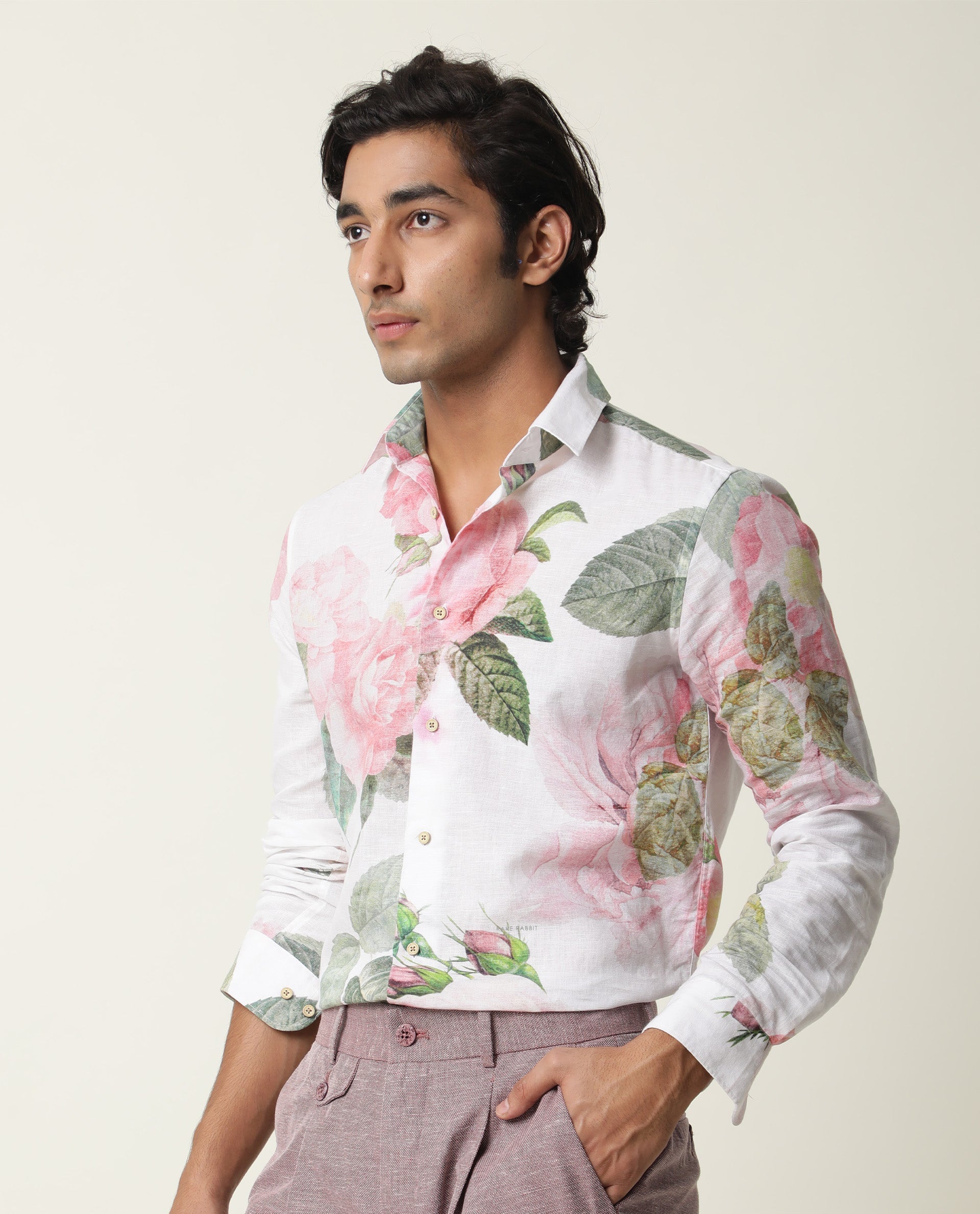 Rare Rabbit Men's Slovens White Shirt Cotton Fabric Floral Print Full Sleeves Shirt