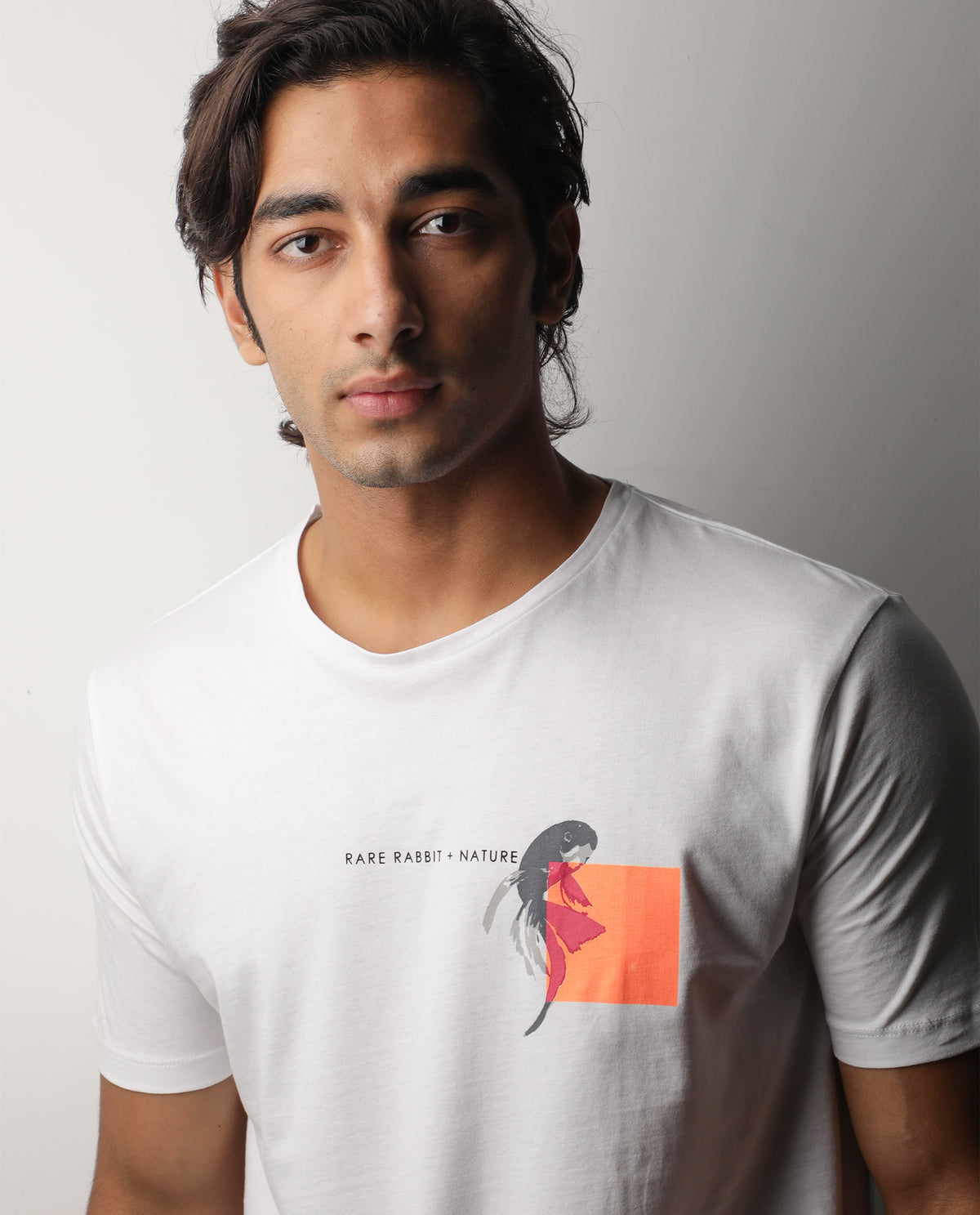 Rare Rabbit Men's Gol White Cotton Fabric Crew Neck Half Sleeves Slim Fit Graphic Print T-Shirt