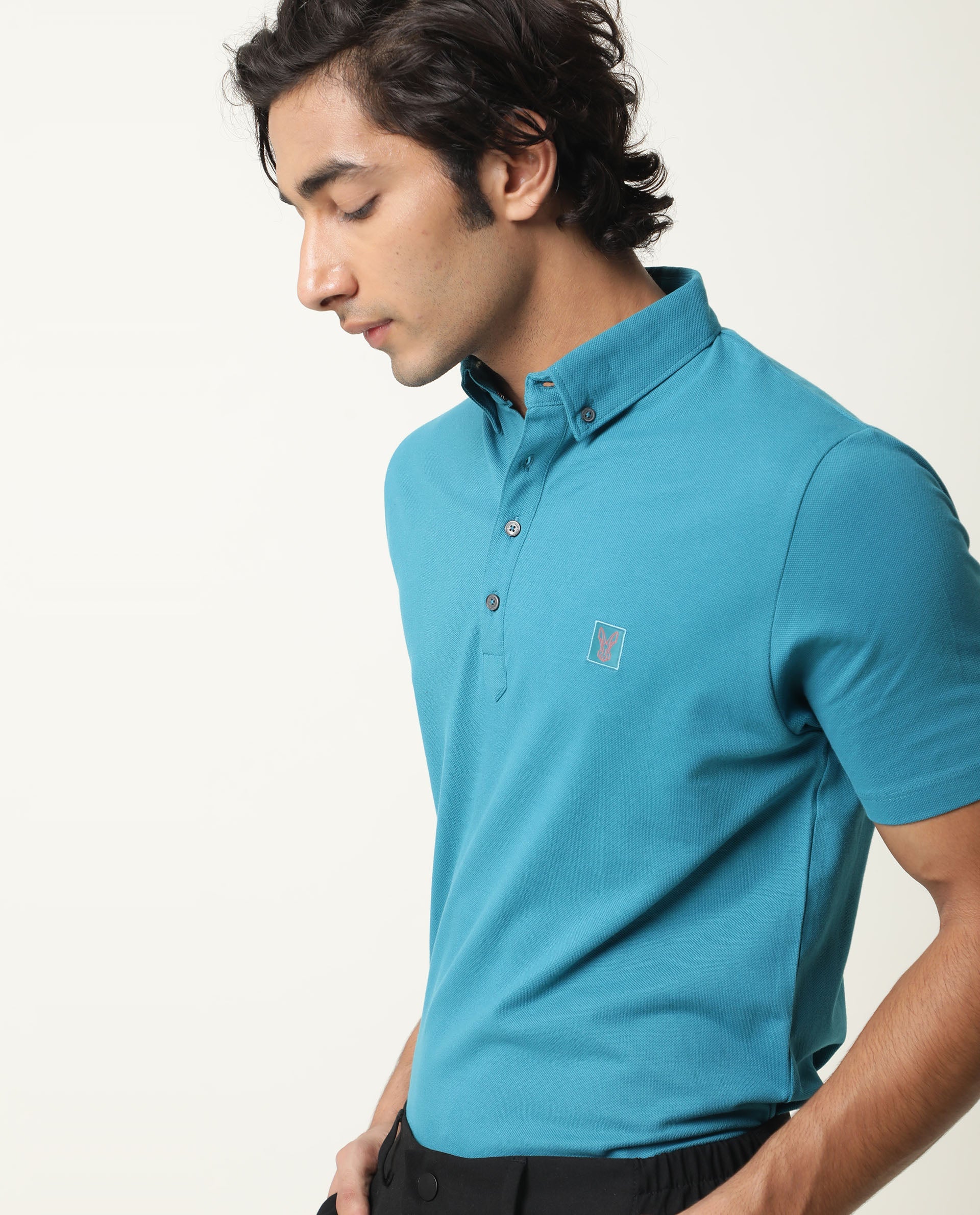 Rare Rabbit Men's Cassini-2 Blue Cotton Fabric Collared Neck Half Sleeves Polo T-Shirt