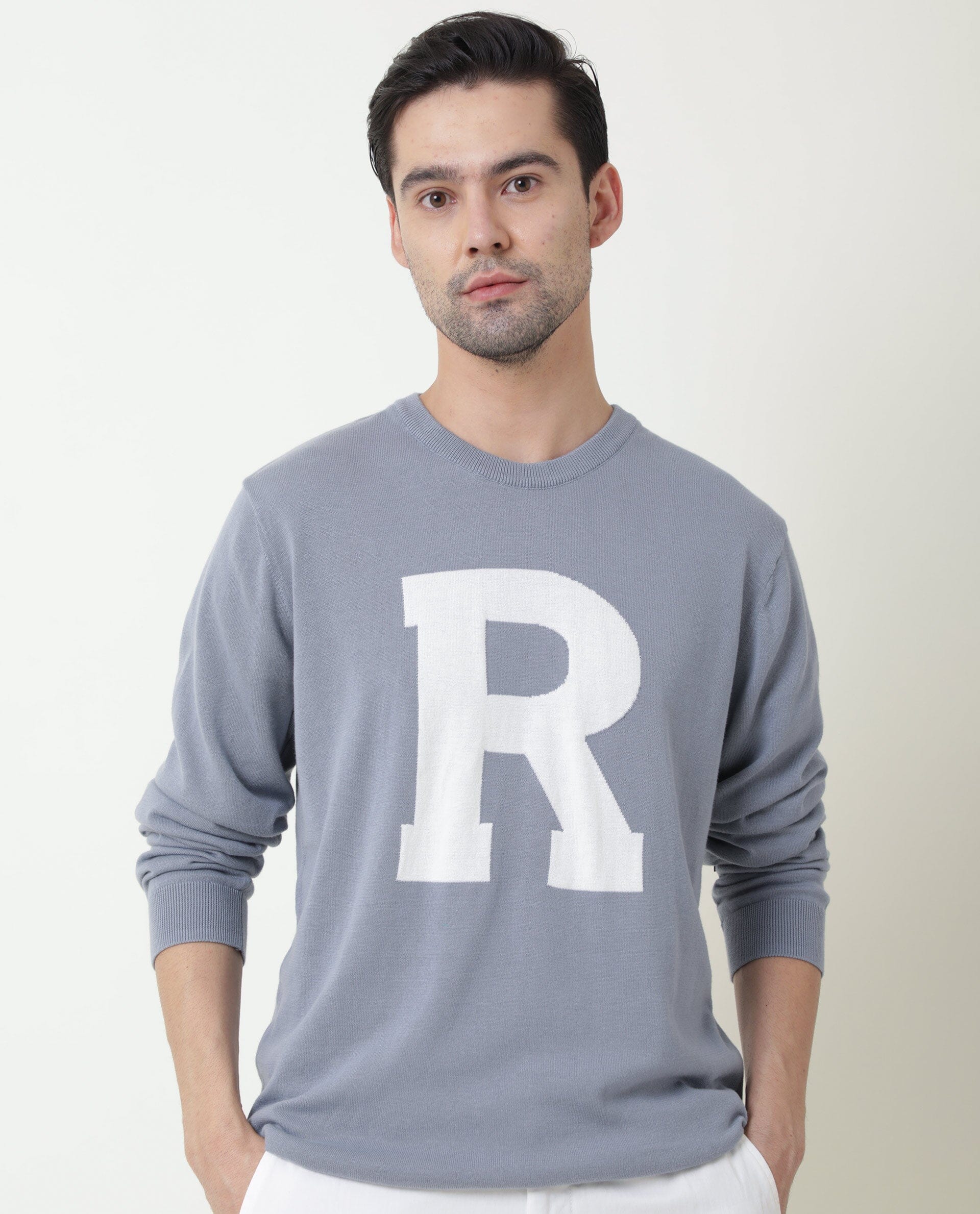 Rare Rabbit Avitt Primary Blue Pullover Cotton Fabric Full Sleeve Round Neck Slim Fit