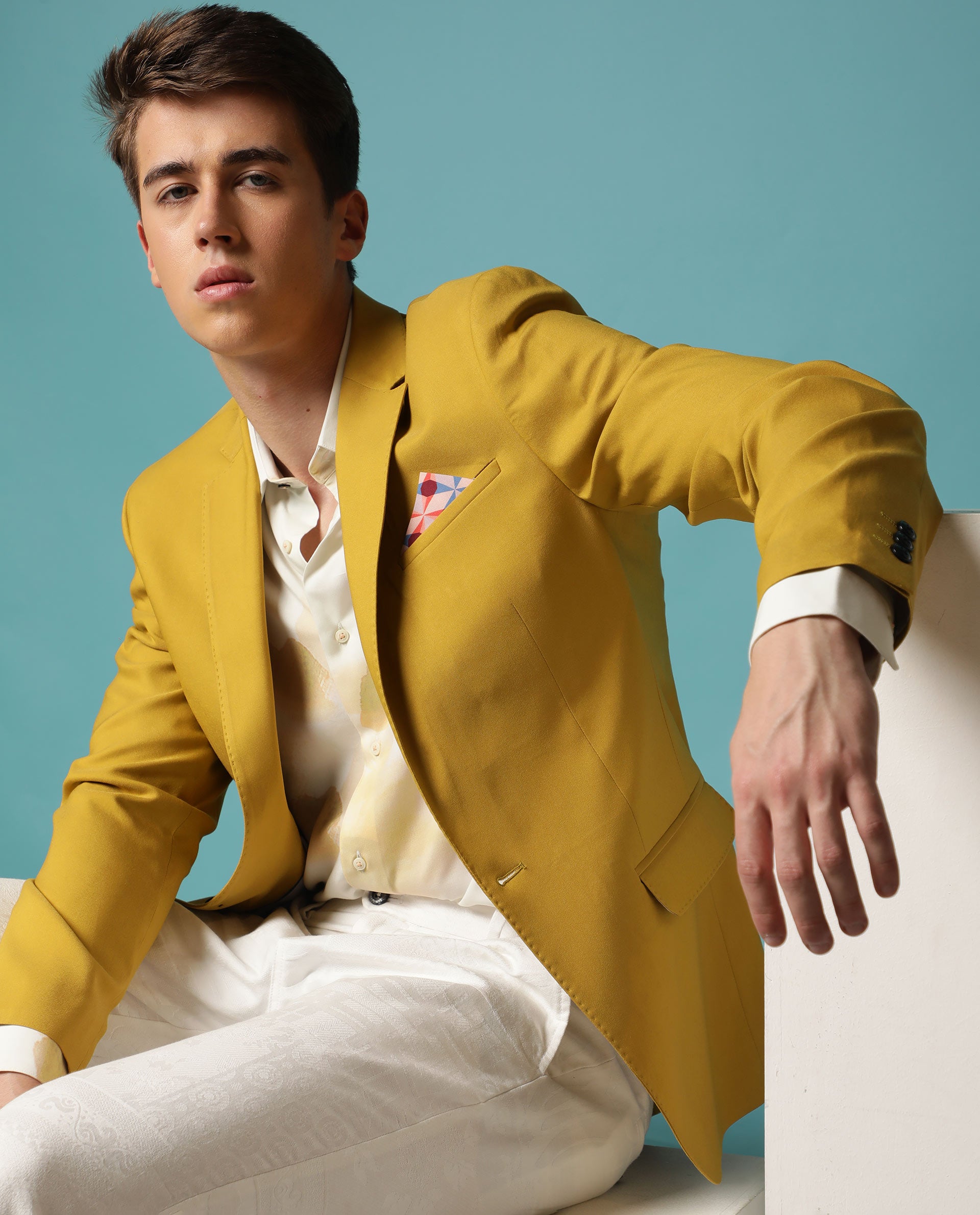 Rare Rabbit Men's Bart Mustard Polyester Plain Tailored Fit Full Sleeve Lapel Neck Blazer