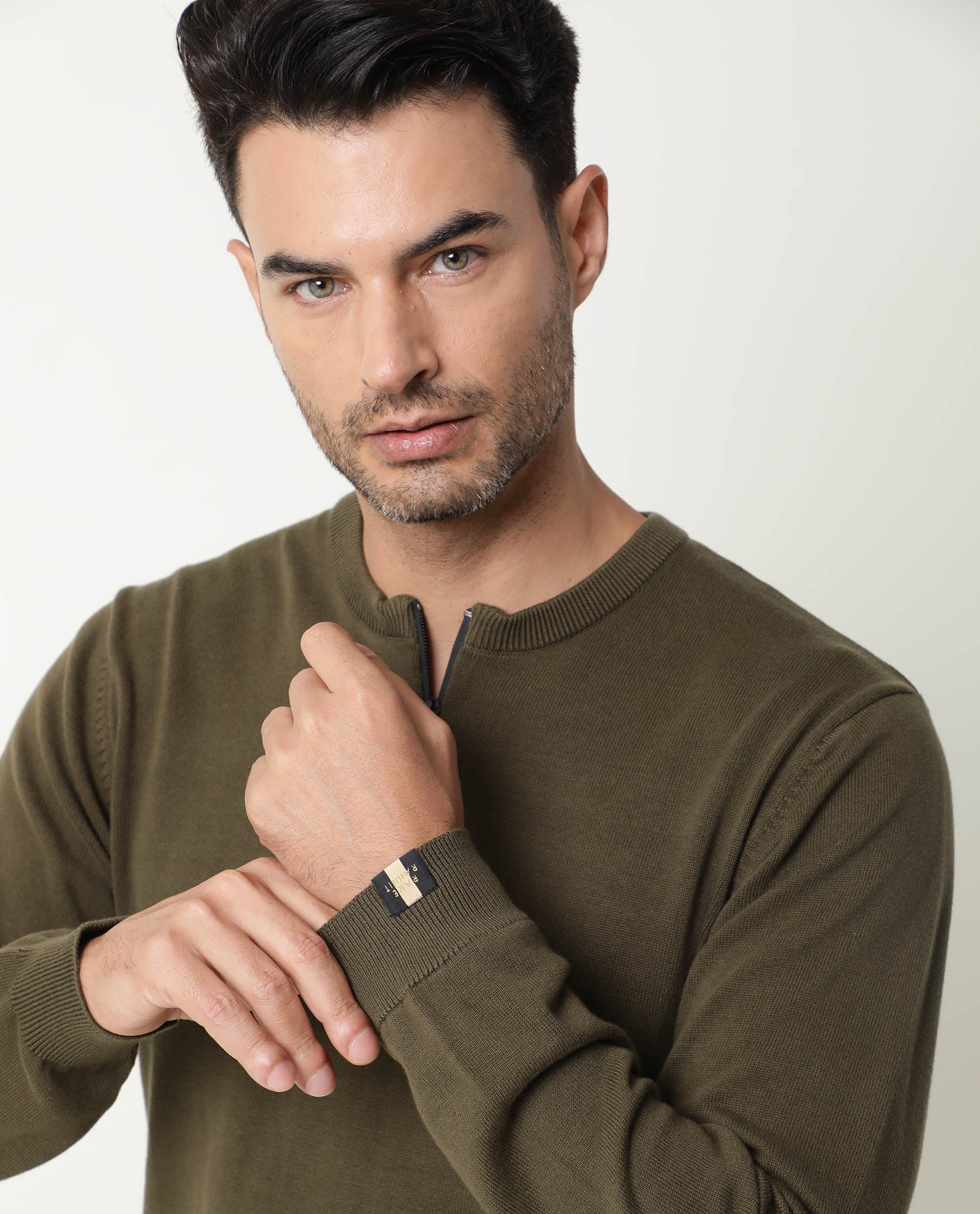 Rare Rabbit Men'S Rumbled Olive Sweater Cotton Fabric Full Sleeves Zipper Closure Slim Fit