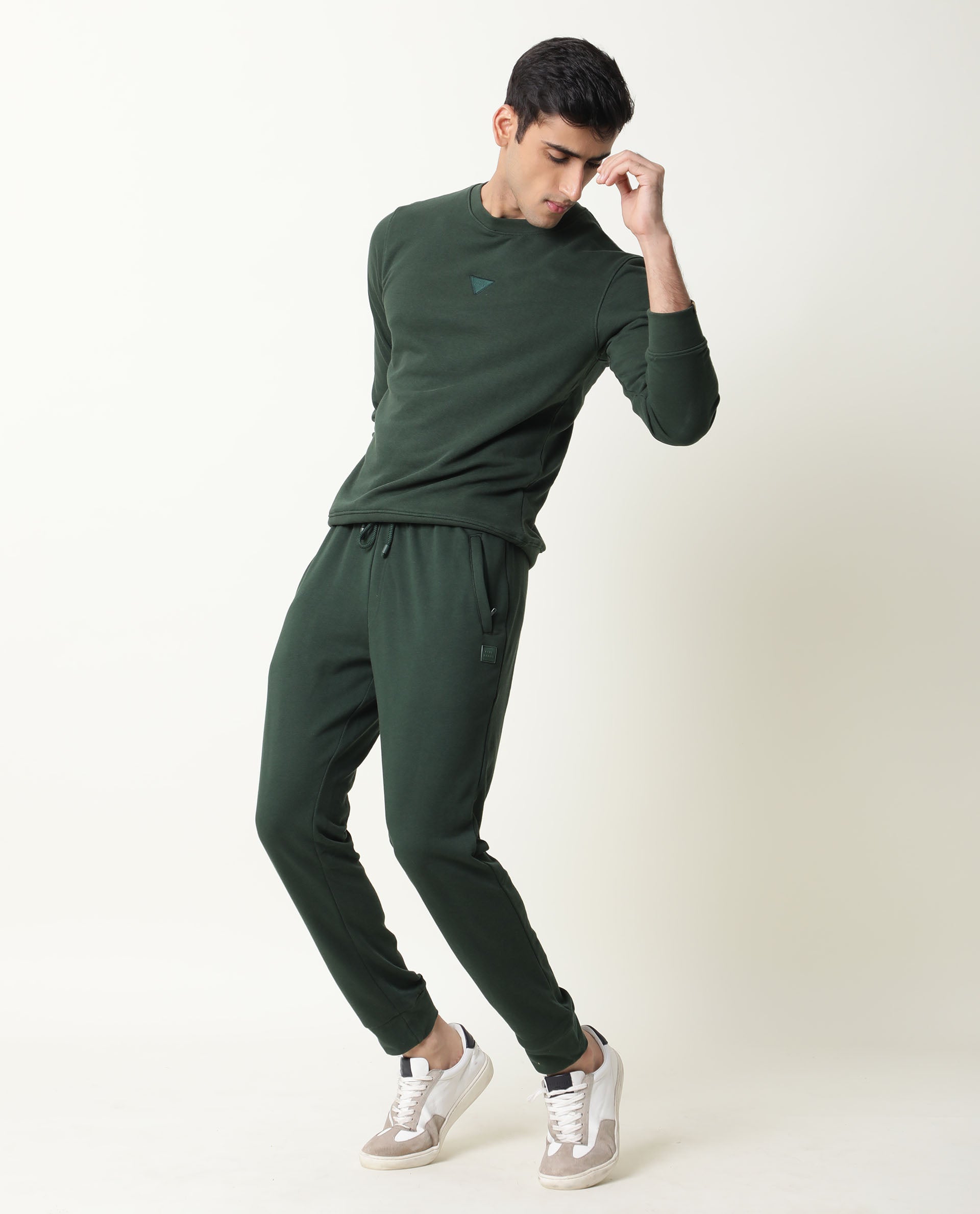 Rare Rabbit Men's Arvon Green Cotton Plain Regular Fit Track Pant