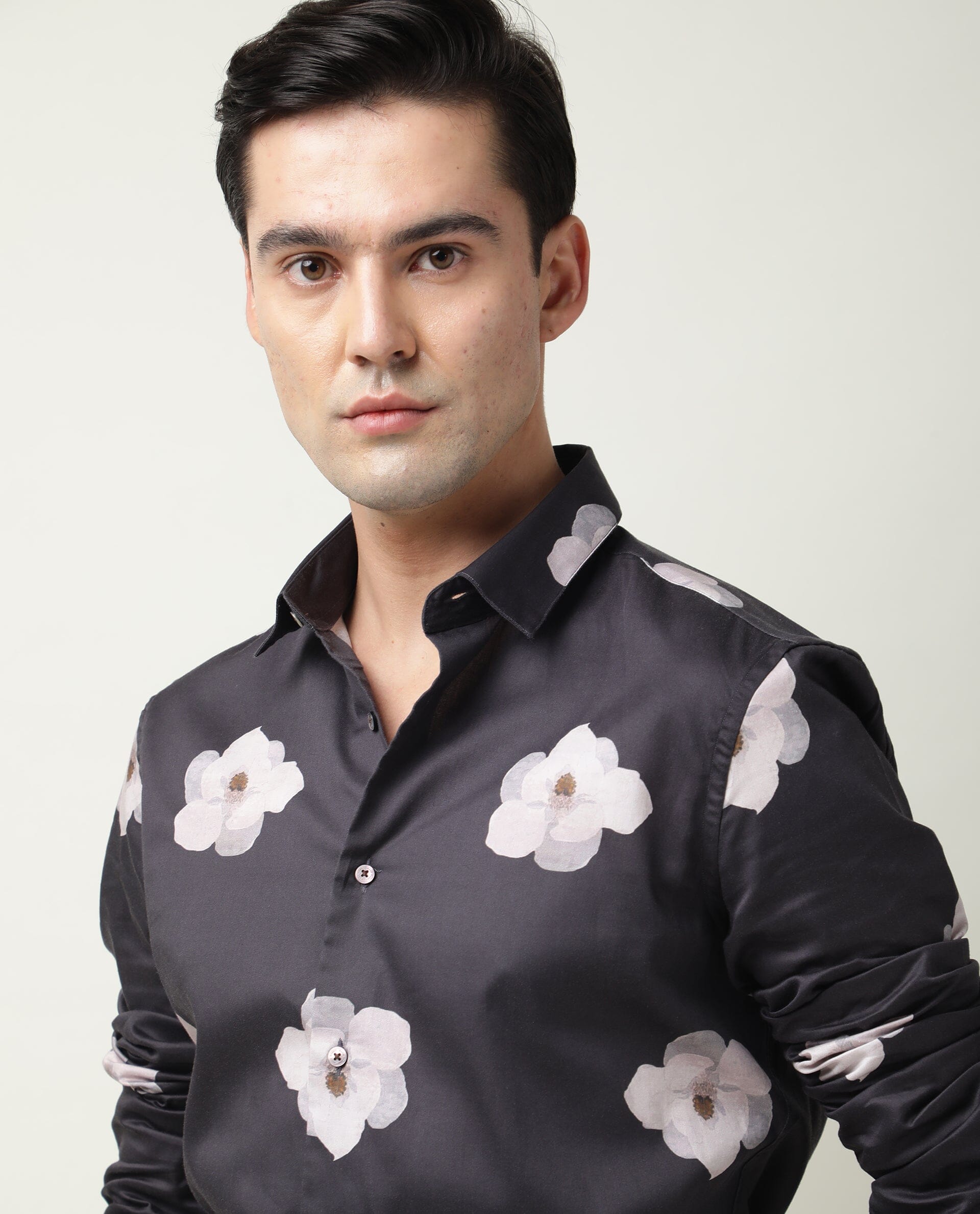 Rare Rabbit Men's Damos Black Cotton Modal Fabric Floral Print Full Sleeves Shirt