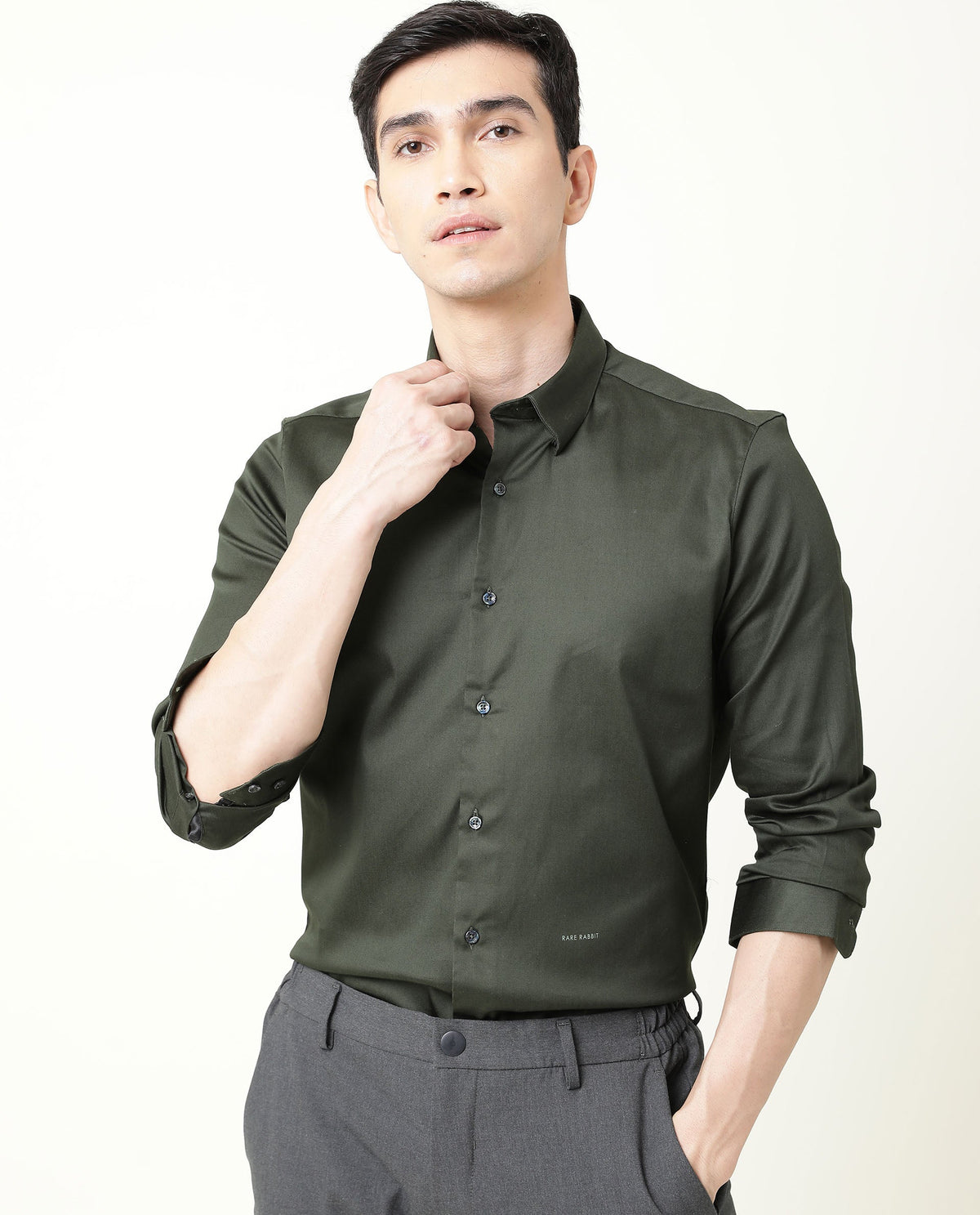 RARE RABBIT MEN'S SATIN GREEN SHIRT COTTON FABRIC COLLARED NECK FULL SLEEVES BUTTON CLOSURE SLIM FIT