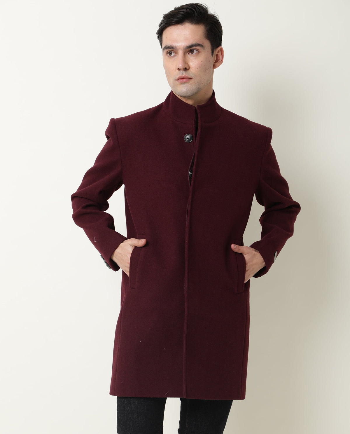 Rare Rabbit Men'S Ruco Maroon Jacket Polyester Fabric High Neck Full Sleeves Button Closure Slim Fit