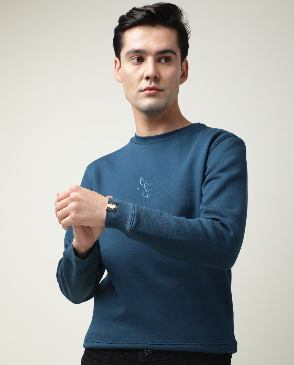 RARE RABBIT MEN'S ZEN PETROL SWEATSHIRT COTTON POLYESTER FABRIC CREW NECK FULL SLEEVES SLIM FIT