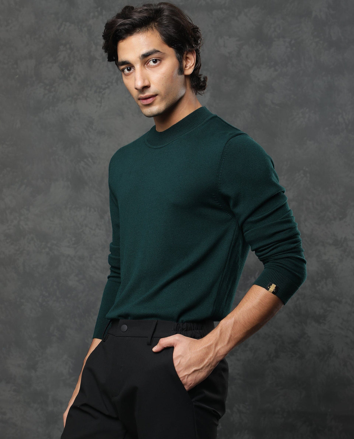 Rare Rabbit Men'S Alfo Green Pullover Viscose Fabric High Neck Full Sleeves Slim Fit
