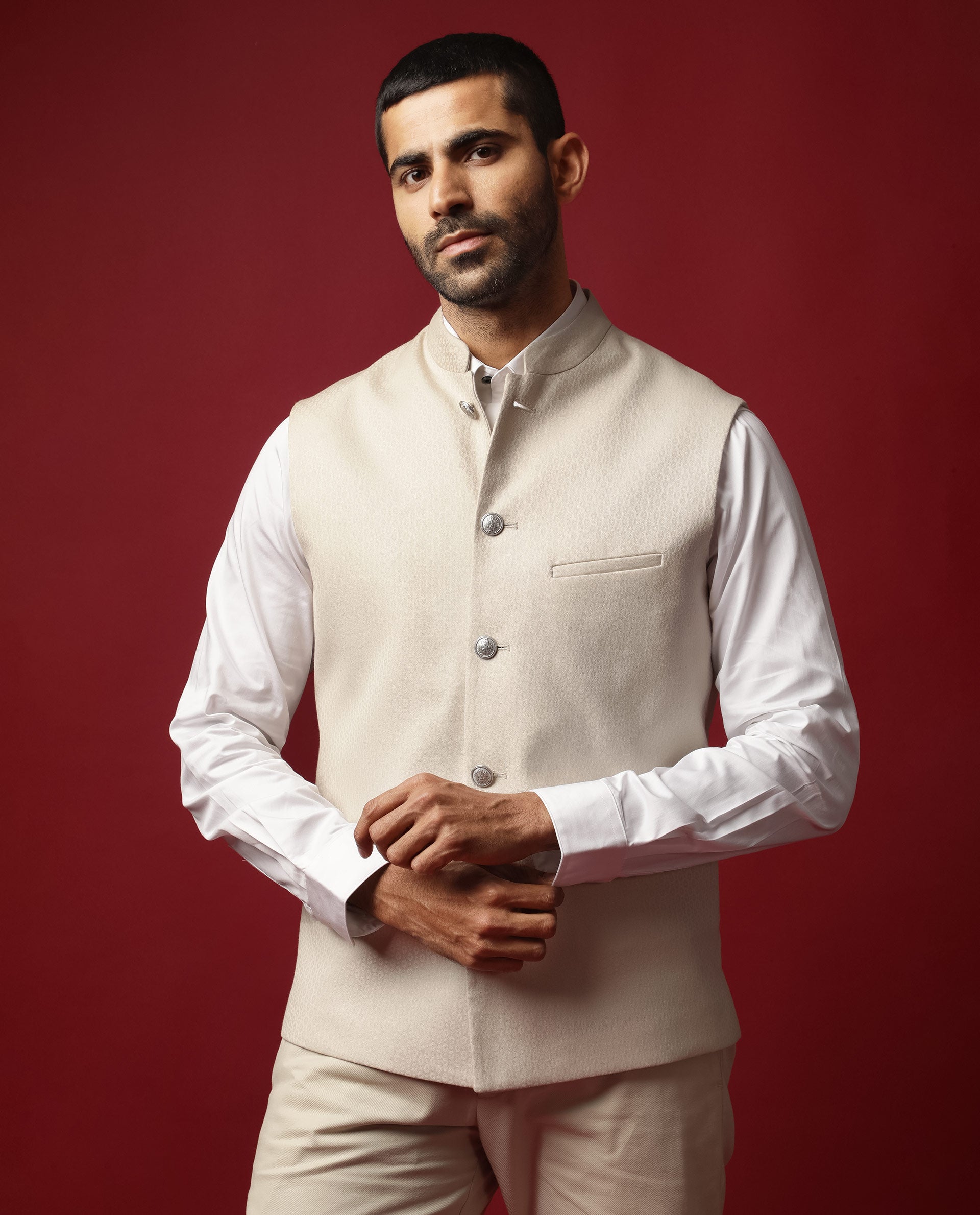 Rare Rabbit Men's Oakla Beige Mandarin Collar Tailored Fit Geometric Jacquard Bandi