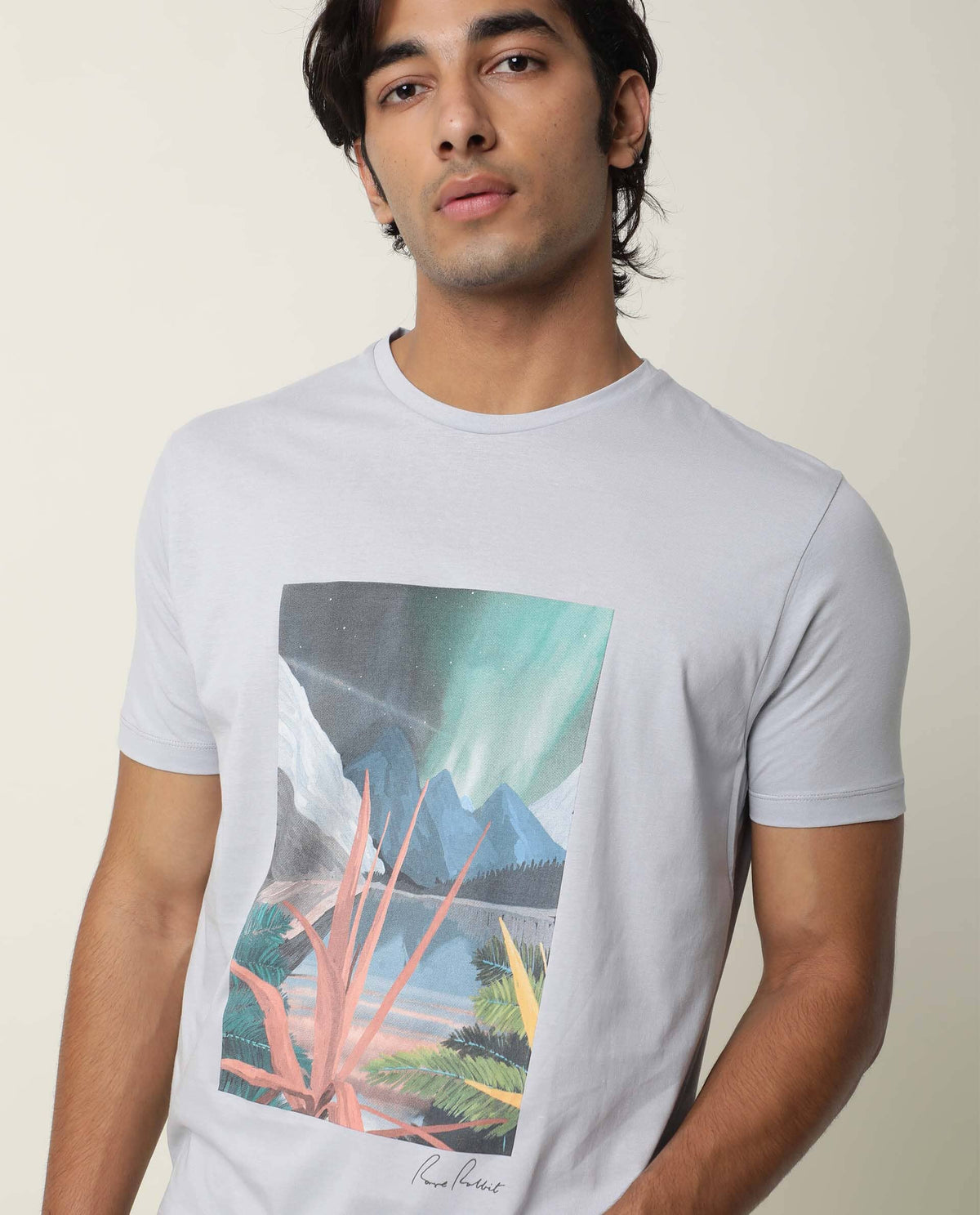 Rare Rabbit Men's Mount Blue Crew Neck Graphic Printed Half Sleeves Slim Fit T-Shirt