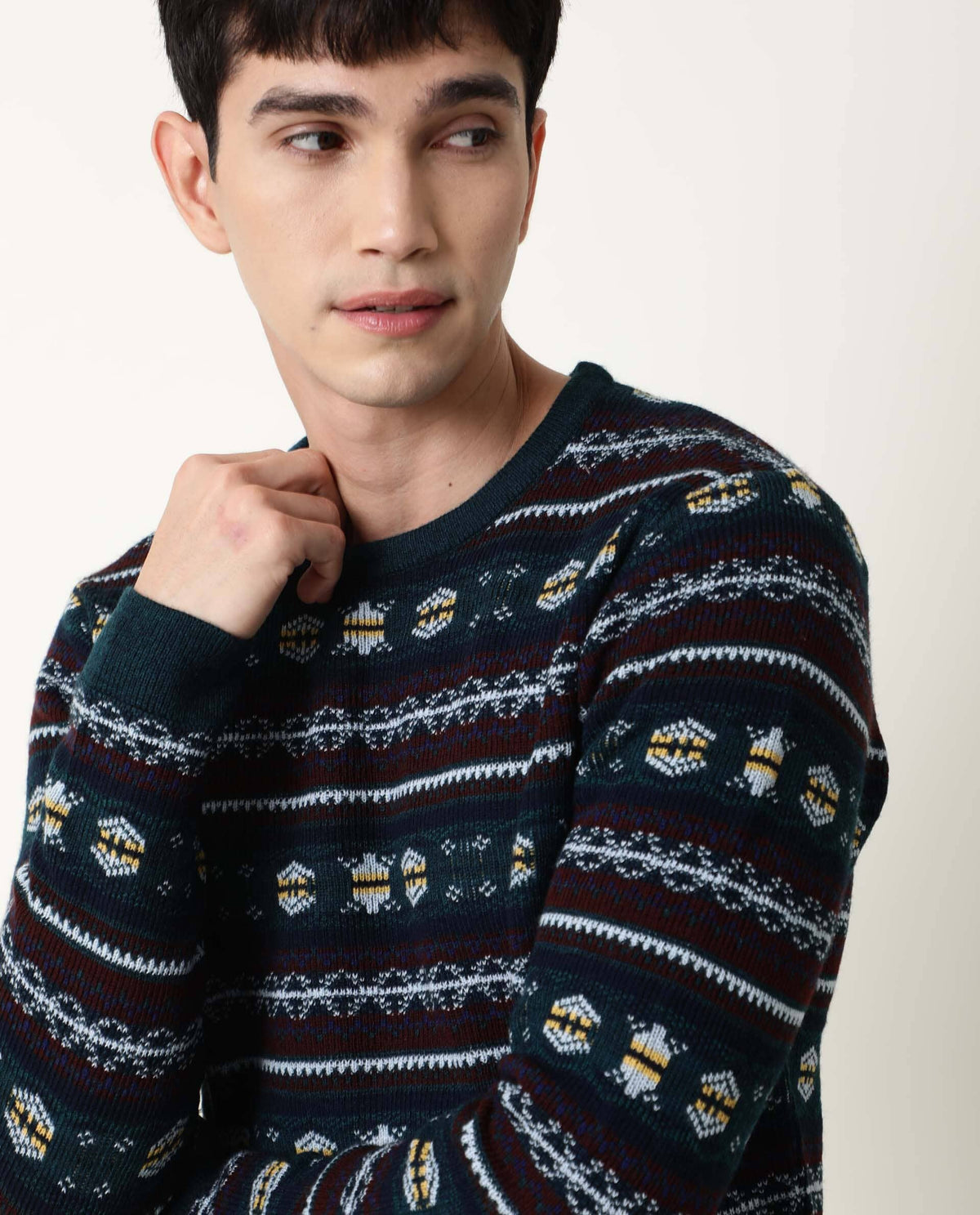 RARE RABBIT MEN'S FARE DARK GREEN PULLOVER ACRYLIC FABRIC ROUND NECK FULL SLEEVES SLIM FIT