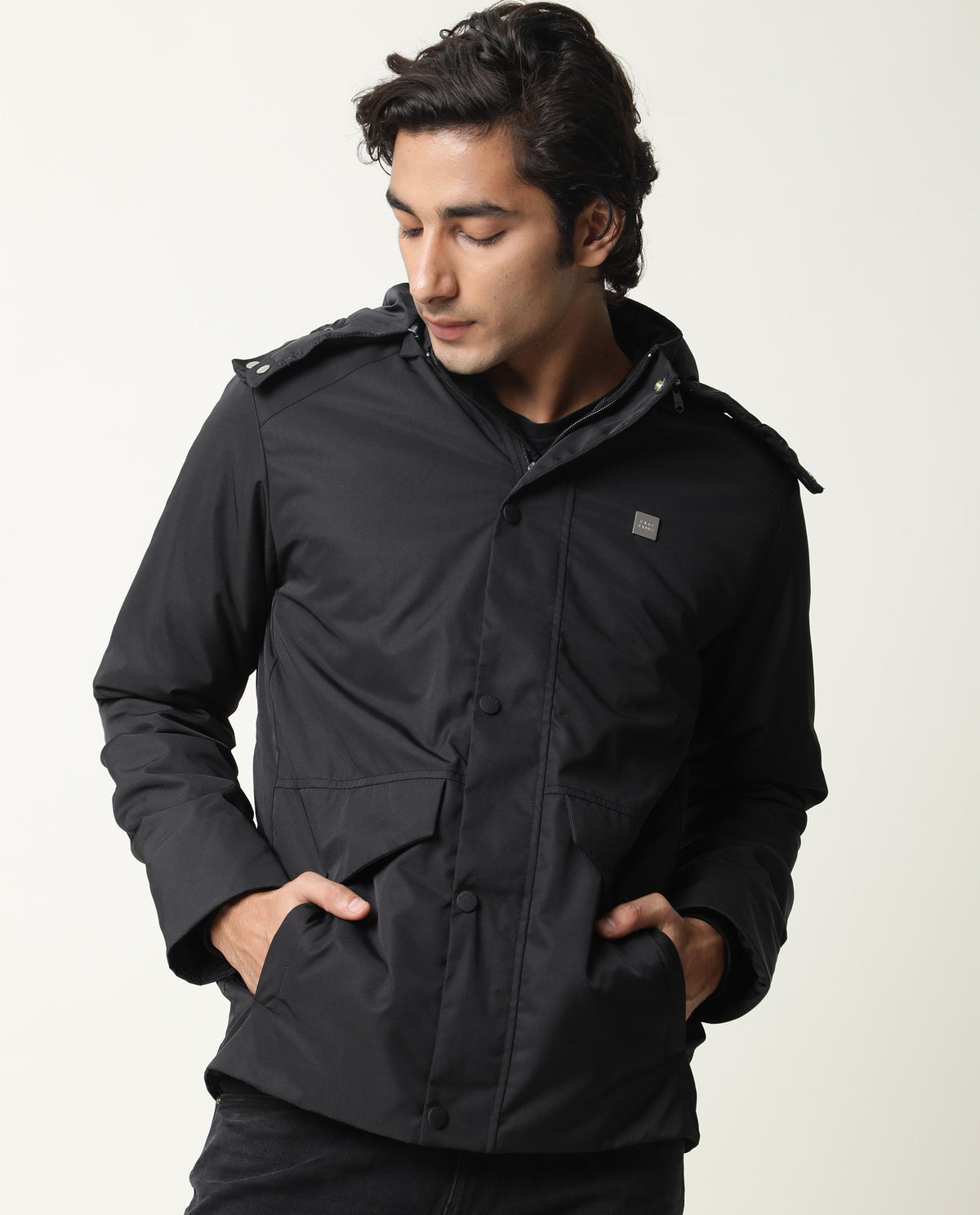 Rare Rabbit Mens Venue Primary Black Jacket Polyester Fabric Full Sleeve Hooded Slim Fit