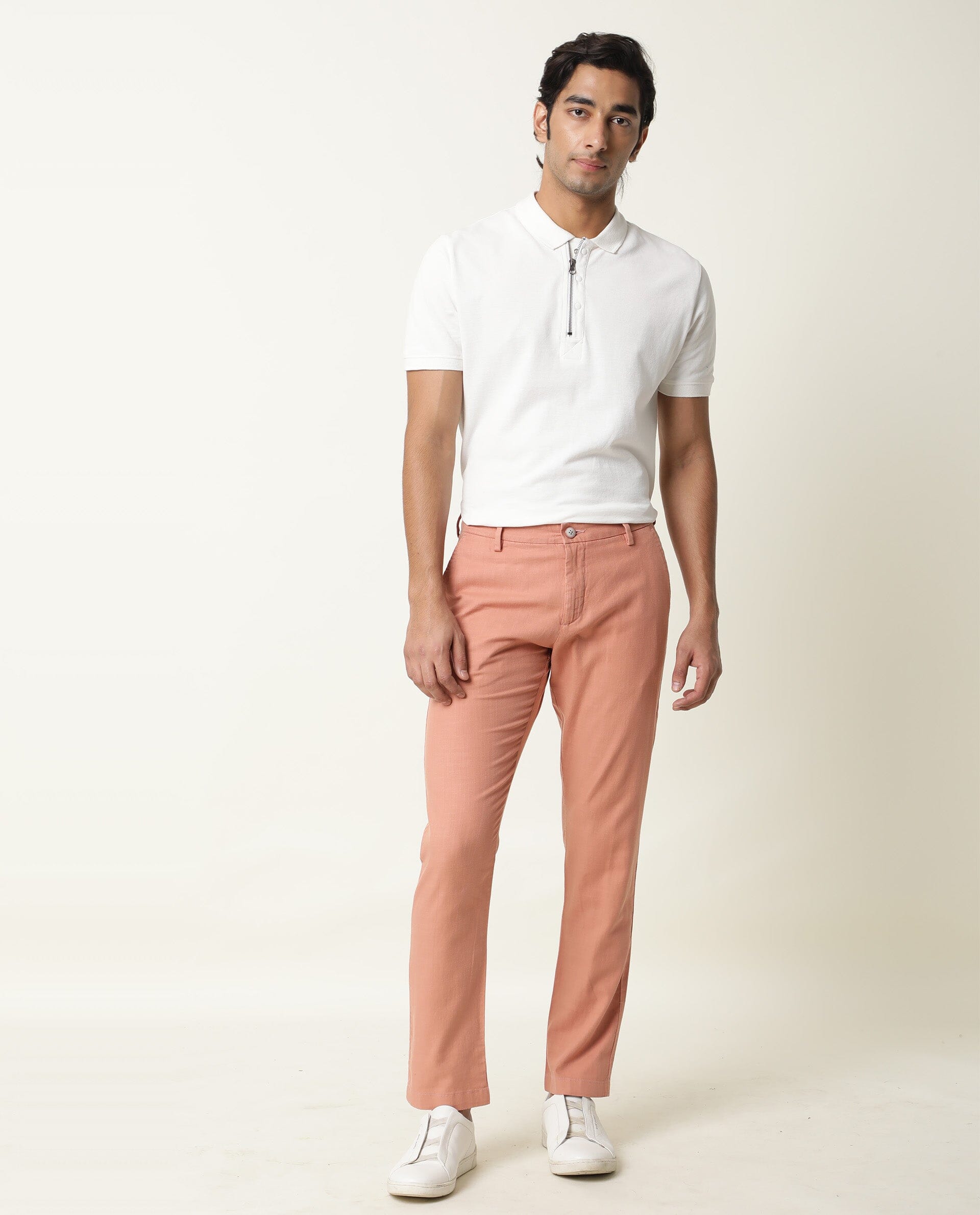 Rare Rabbit Men's Corn Pink Solid Mid-Rise Regular Fit Stretch Trouser