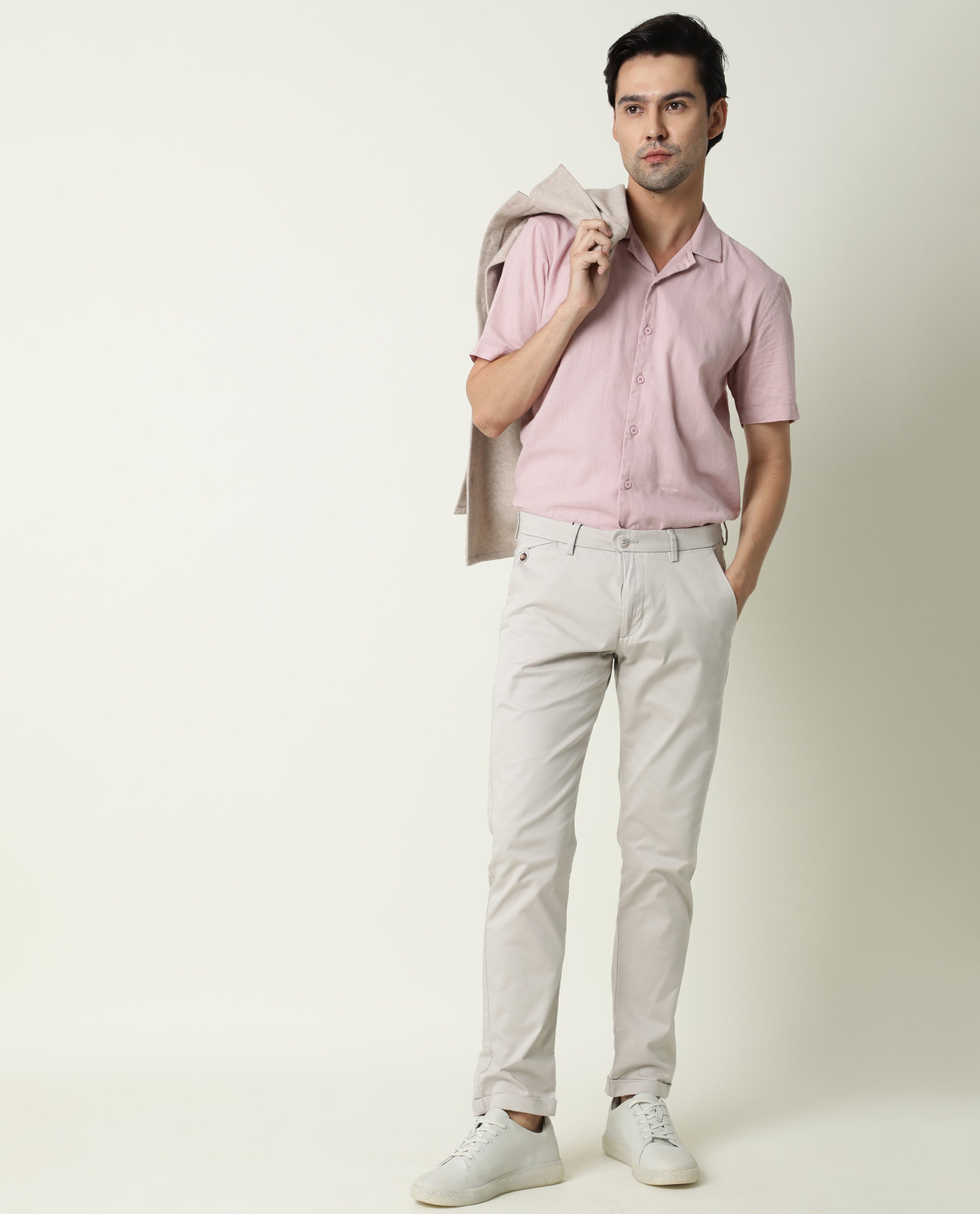 Mens Pink Vertical Striped Linen Long Sleeve Shirt Beige Chinos Beige  Leather Low Top Sneakers  Lookastic