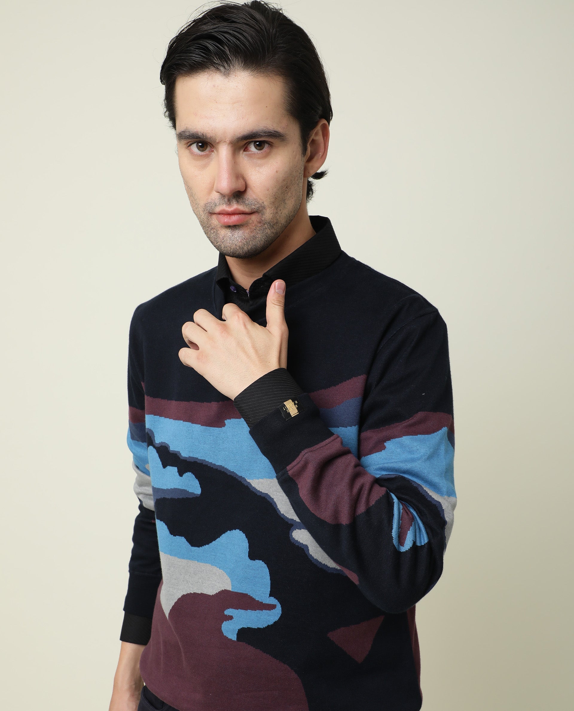 Rare Rabbit Men'S Hill Navy Cotton Fabric Crew Neck Full Sleeves Slim Fit Sweatshirt