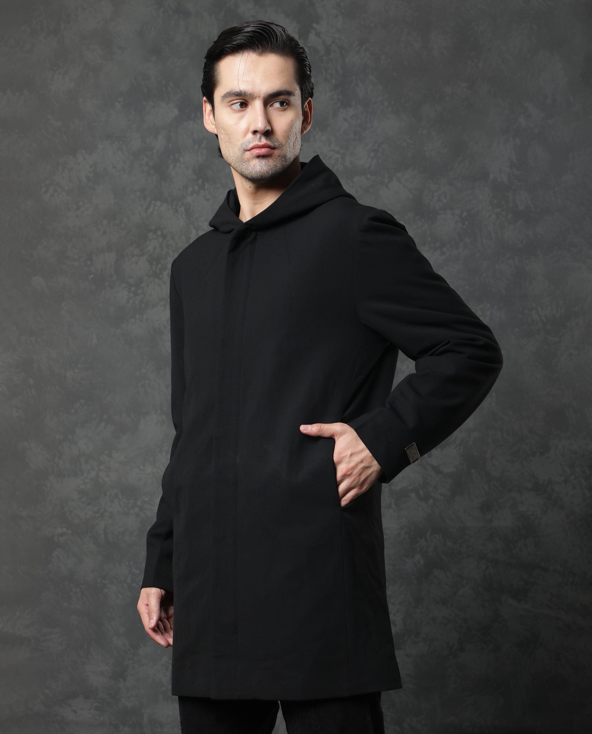 Rare Rabbit Men'S Clichy Black Jacket Polyester Viscose Fabric Hooded Neck Full Sleeves Zipper Closure Slim Fit