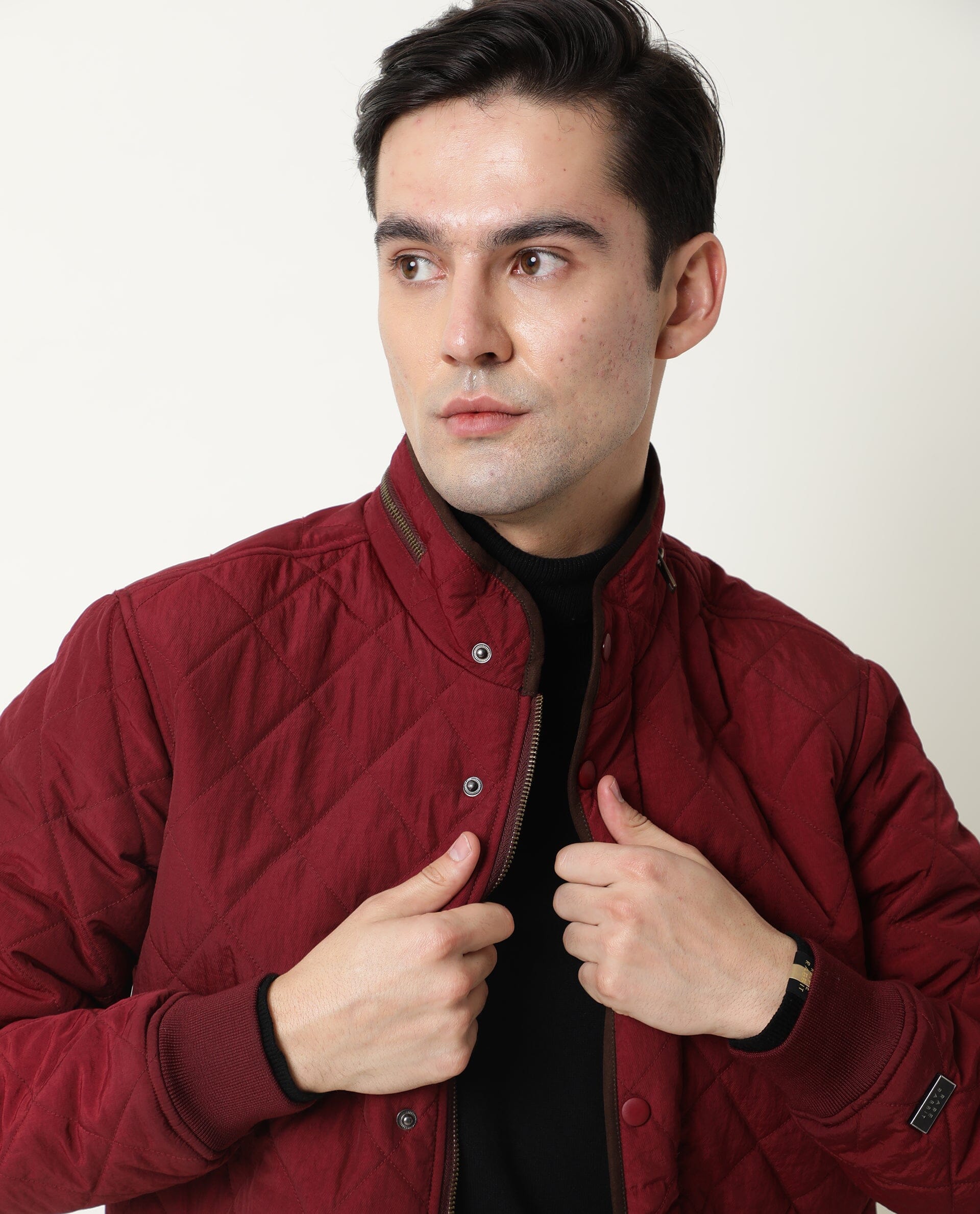 Rare Rabbit Men's Krul Red Nylon Plain Regular Fit Full Sleeve Mandarin Collar Jacket