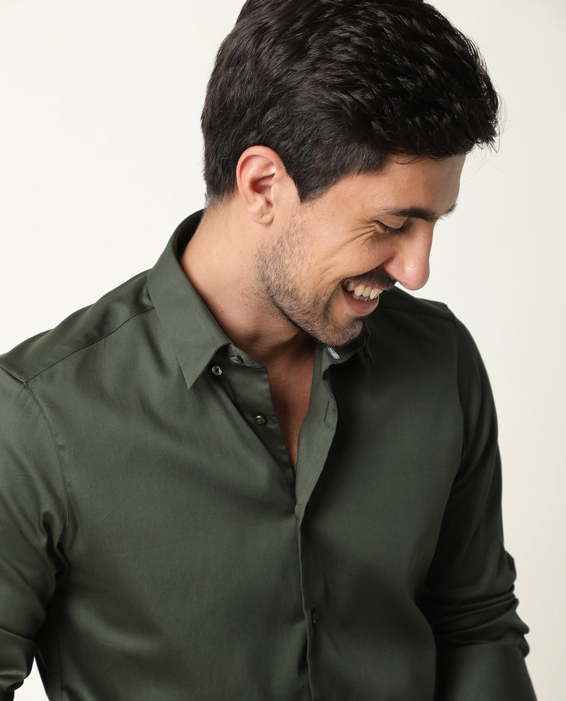 Rare Rabbit Men's Holand Olive Satin Fabric Full Sleeves Solid Shirt