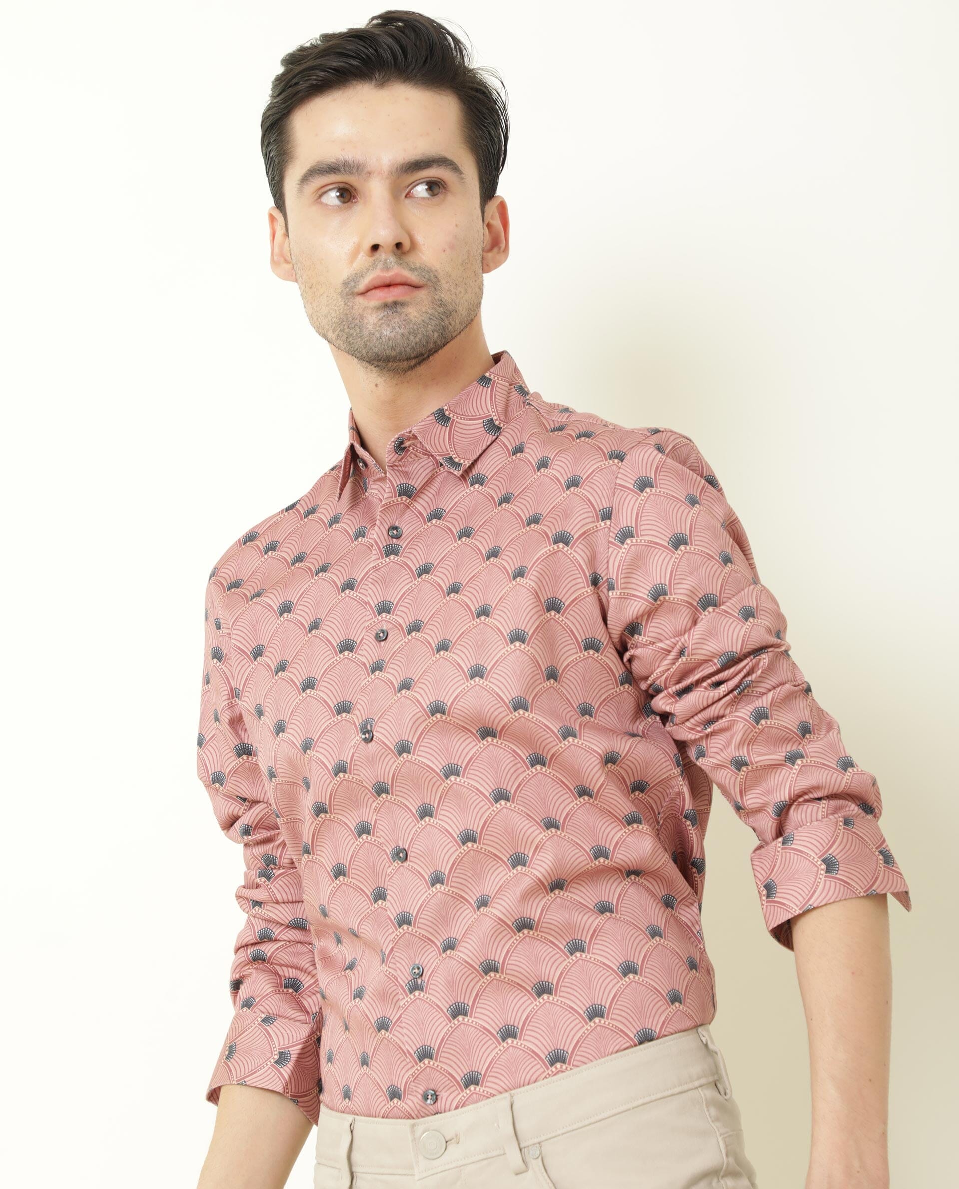 Rare Rabbit Men's Bowy Pink Cotton Fabric Geometric Print Full Sleeves Shirt